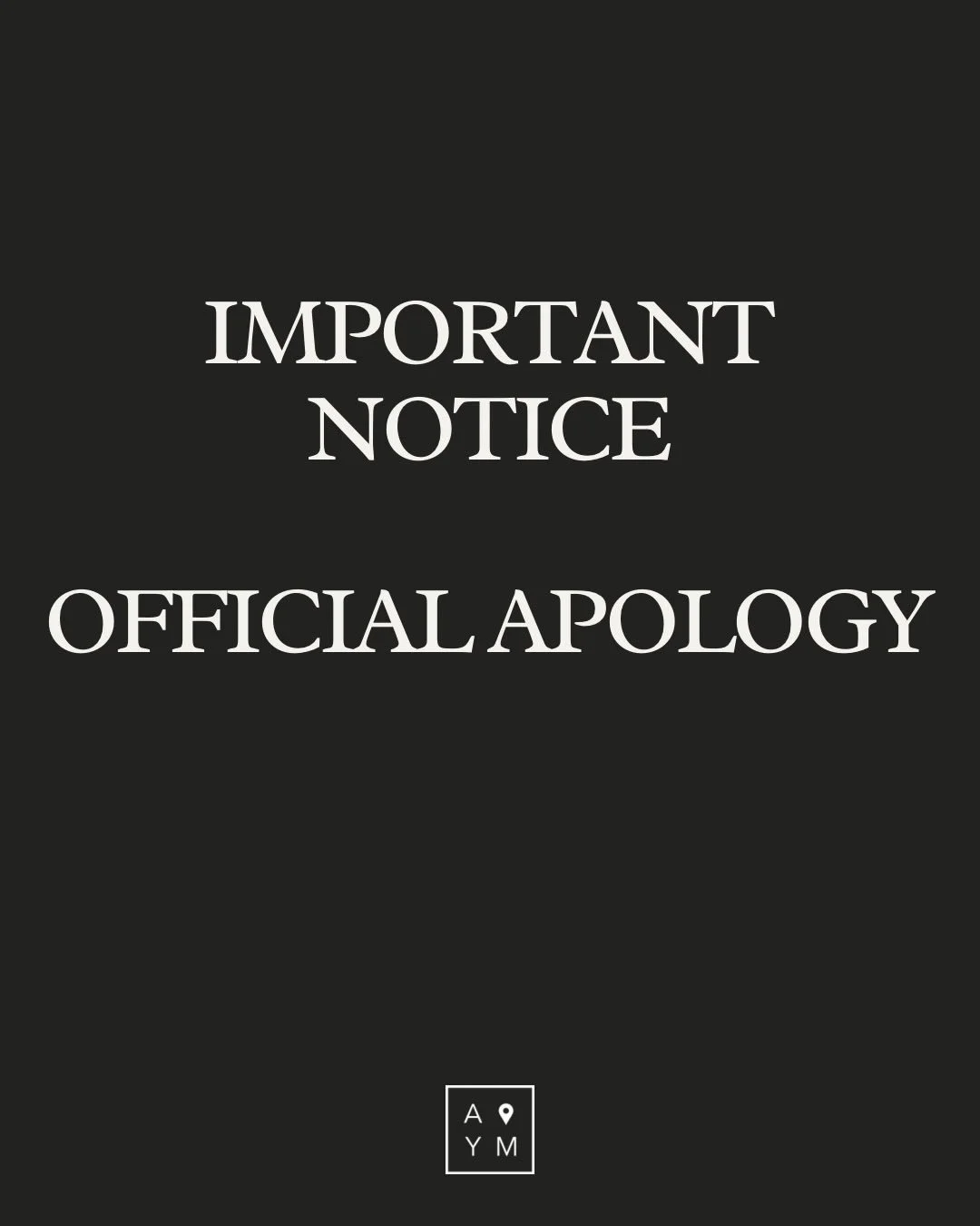 An Official Apology for our recent post. We are so sorry, so we wanted to convey it on a black background to get your attention.  Please accept our apology &amp; check us out this Friday! #aymdmv #aym_maryland #youthgroup