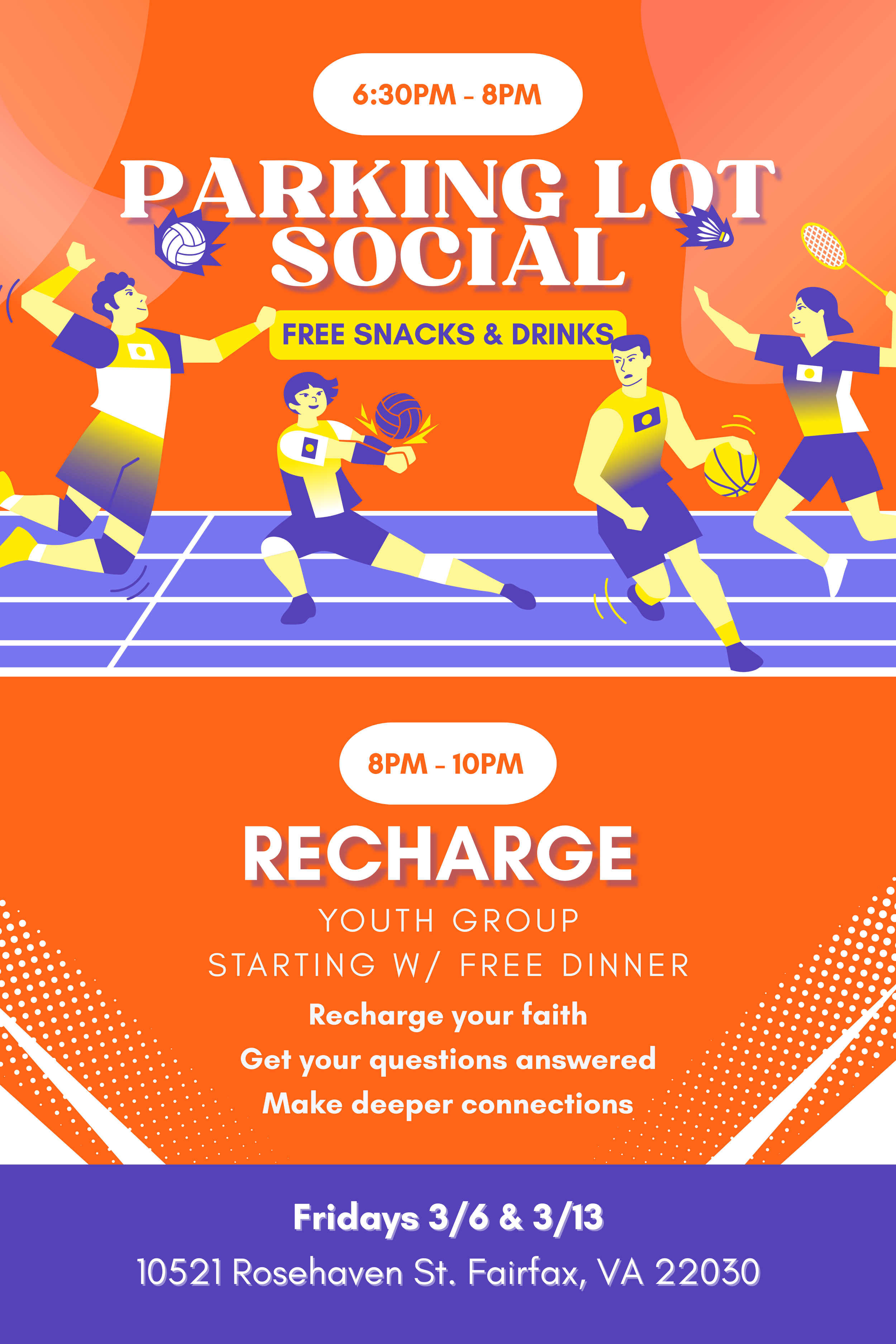 Fridays, 3/6 & 3/13 : VA HS Parking Lot Social + Youth Group