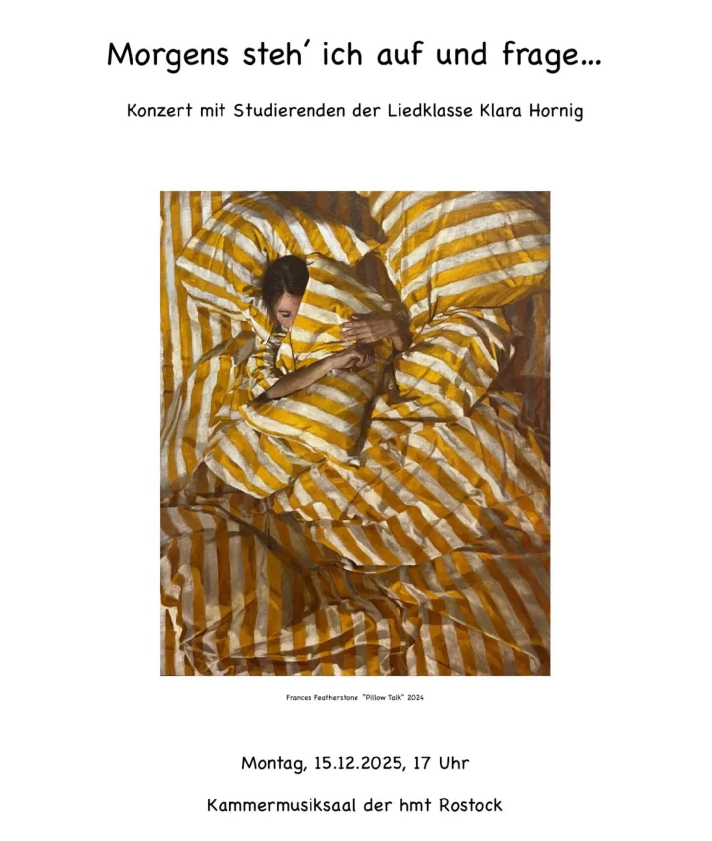 Herzliche Einladung zum Klassenkonzert am Montag, 15.12. um 17:00 im Kammermusiksaal @hmt_rostock_gesang mit Liedern von Schubert, Schumann, Debussy, Beach, Clarke, Wagner u.a. 

#lied #recital #university #hochschule #songclass #song #musikhochschul