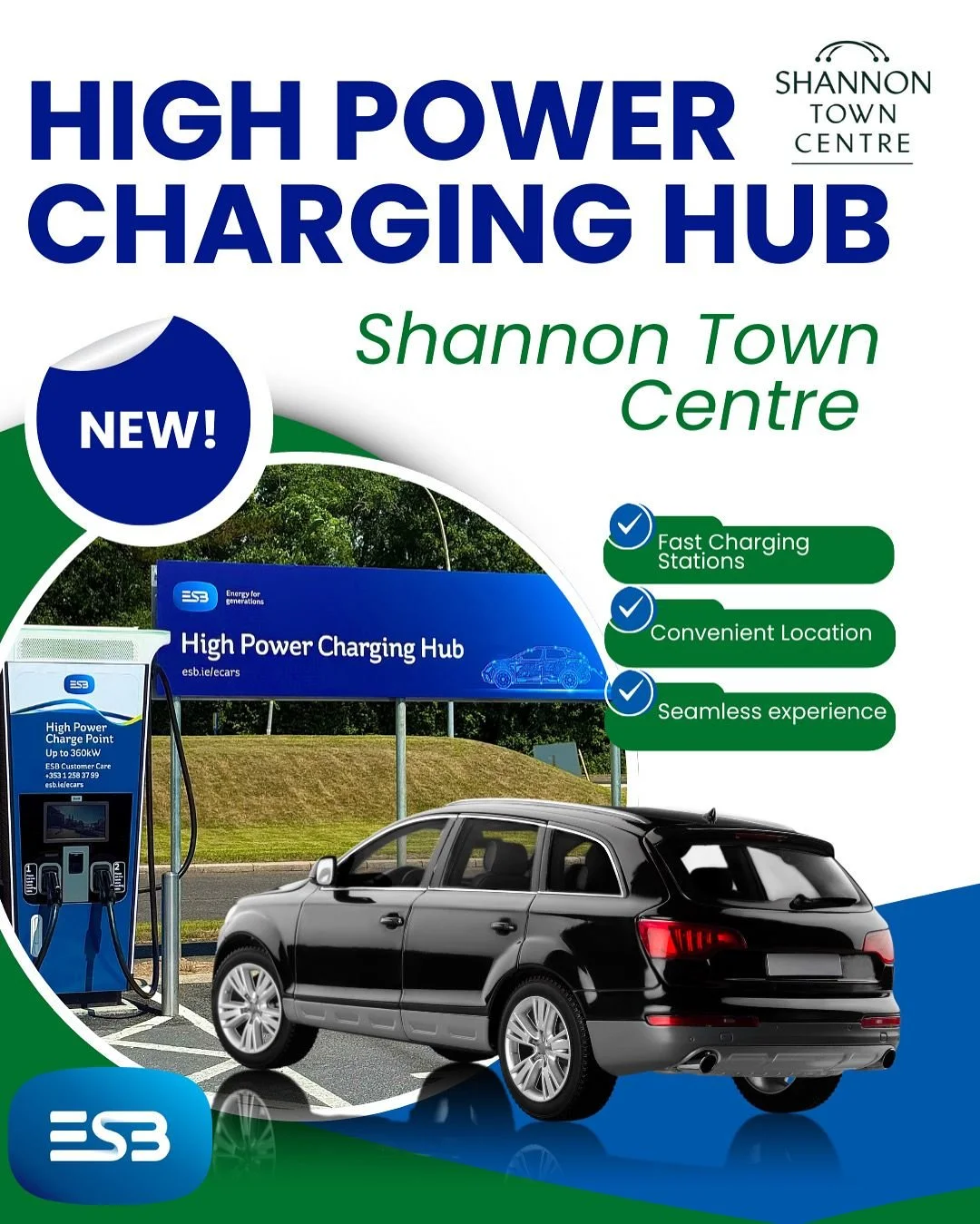 ESB High Power Chargers to the car park at Shannon Town Centre