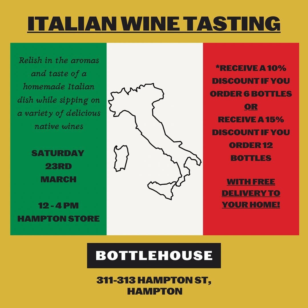 Come down to our Hampton store this Saturday for a taste of Italy! 🇮🇹

A delicious homemade Italian dish will be cooking while you travel around Italy in your glass 🍷

⚡️For those of you who love the wines, we will have special case discounts when