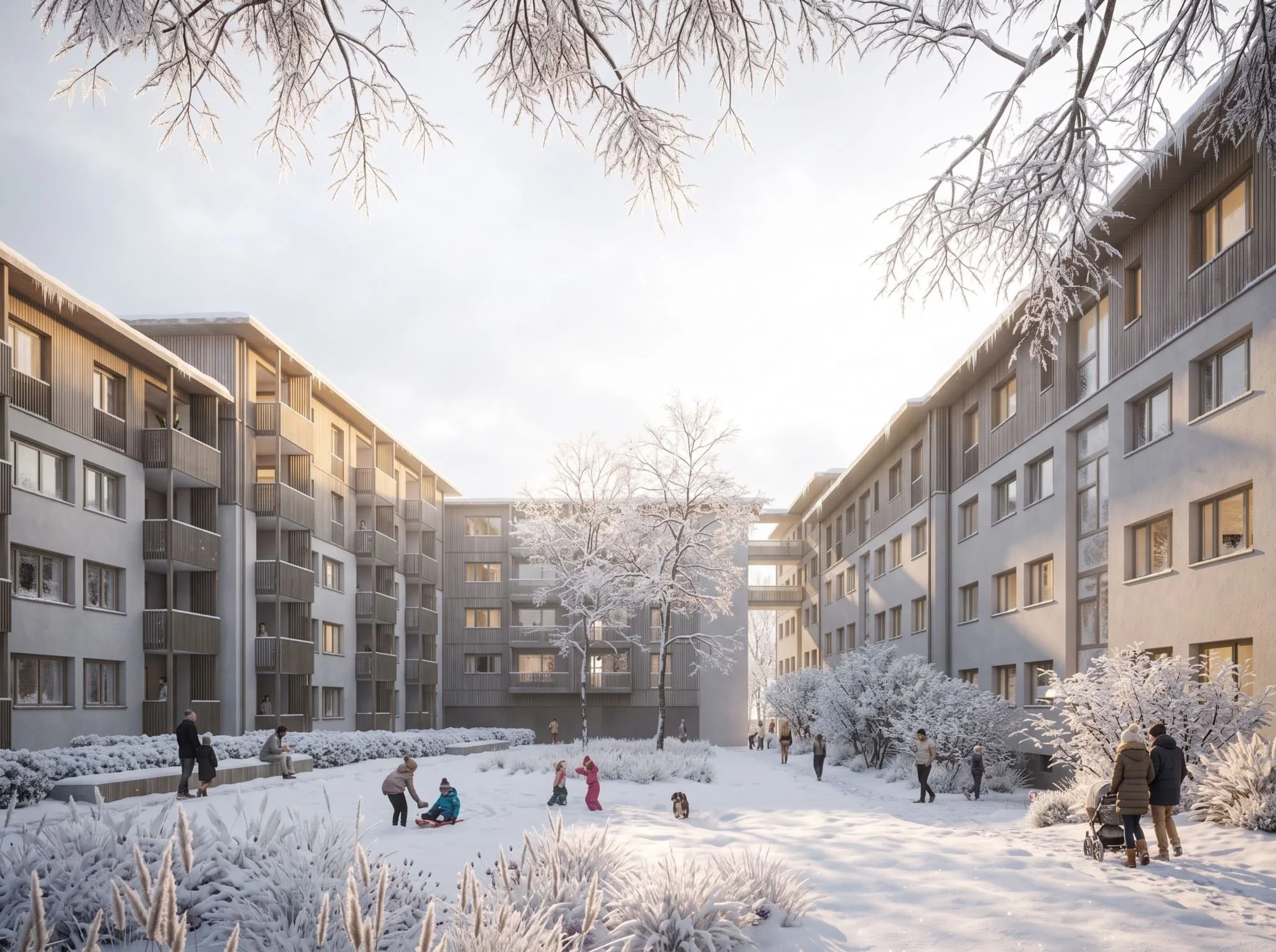 A snowy courtyard between two modern apartment buildings with multiple floors and balconies, trees and bushes covered in snow, and people engaging in winter activities like playing and walking.