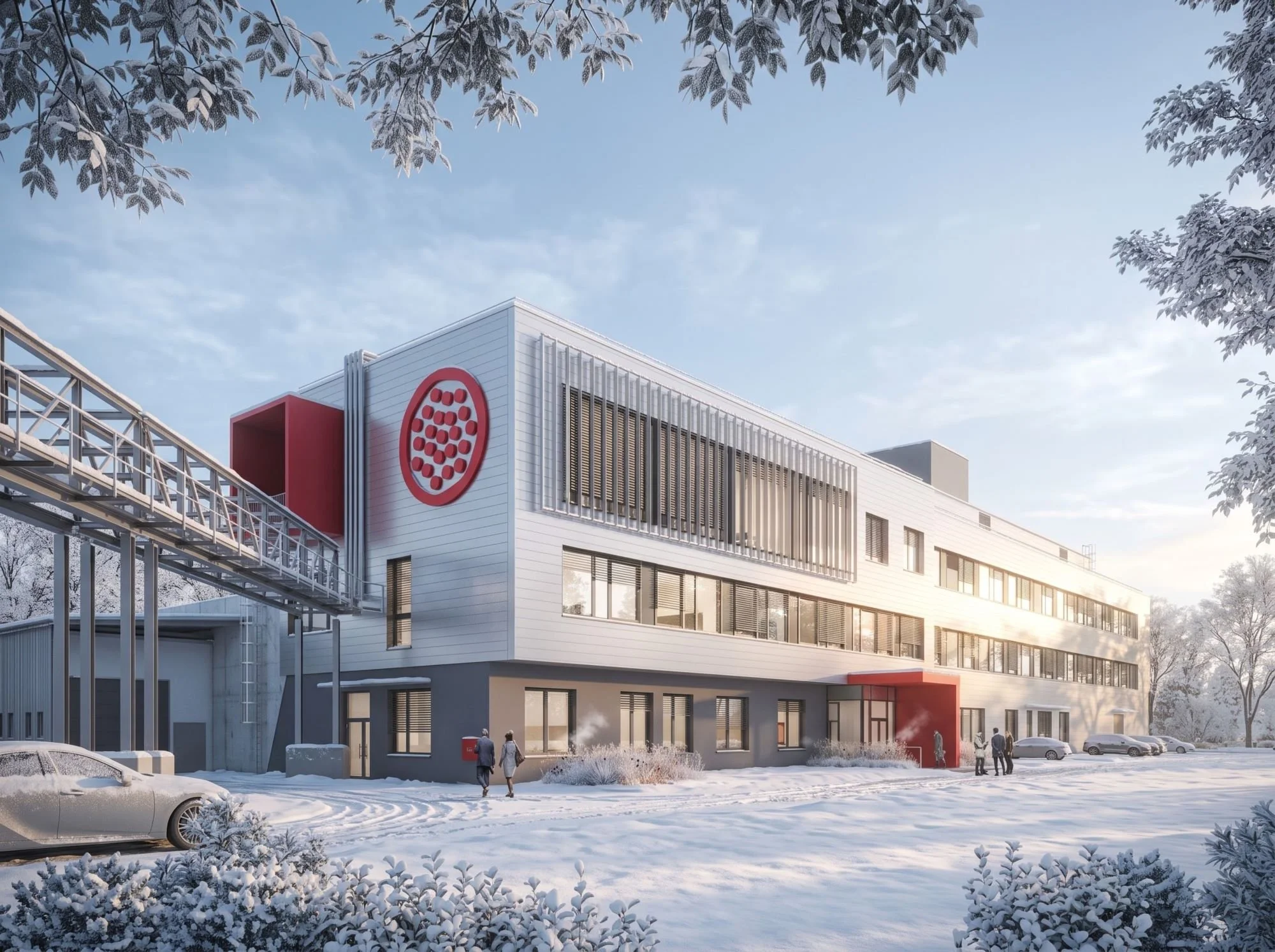 Modern white and red building with snow-covered trees and ground. People walking outside on a winter day, with cars parked nearby under a partly cloudy sky.