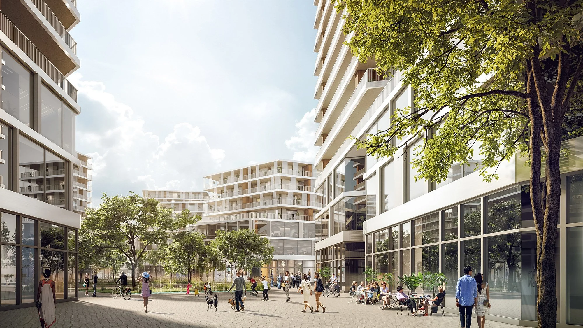 Modern apartment buildings surrounding a lively, tree-lined pedestrian plaza with people walking, riding bikes, and sitting at outdoor tables.