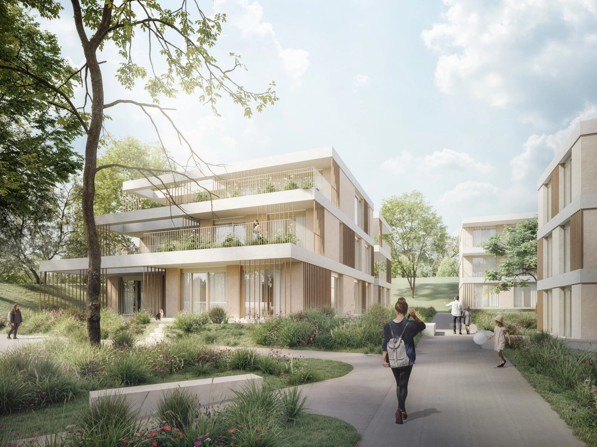Render of a modern residential complex with multiple levels of apartments, surrounded by landscaped gardens and trees, with people walking along pathways.