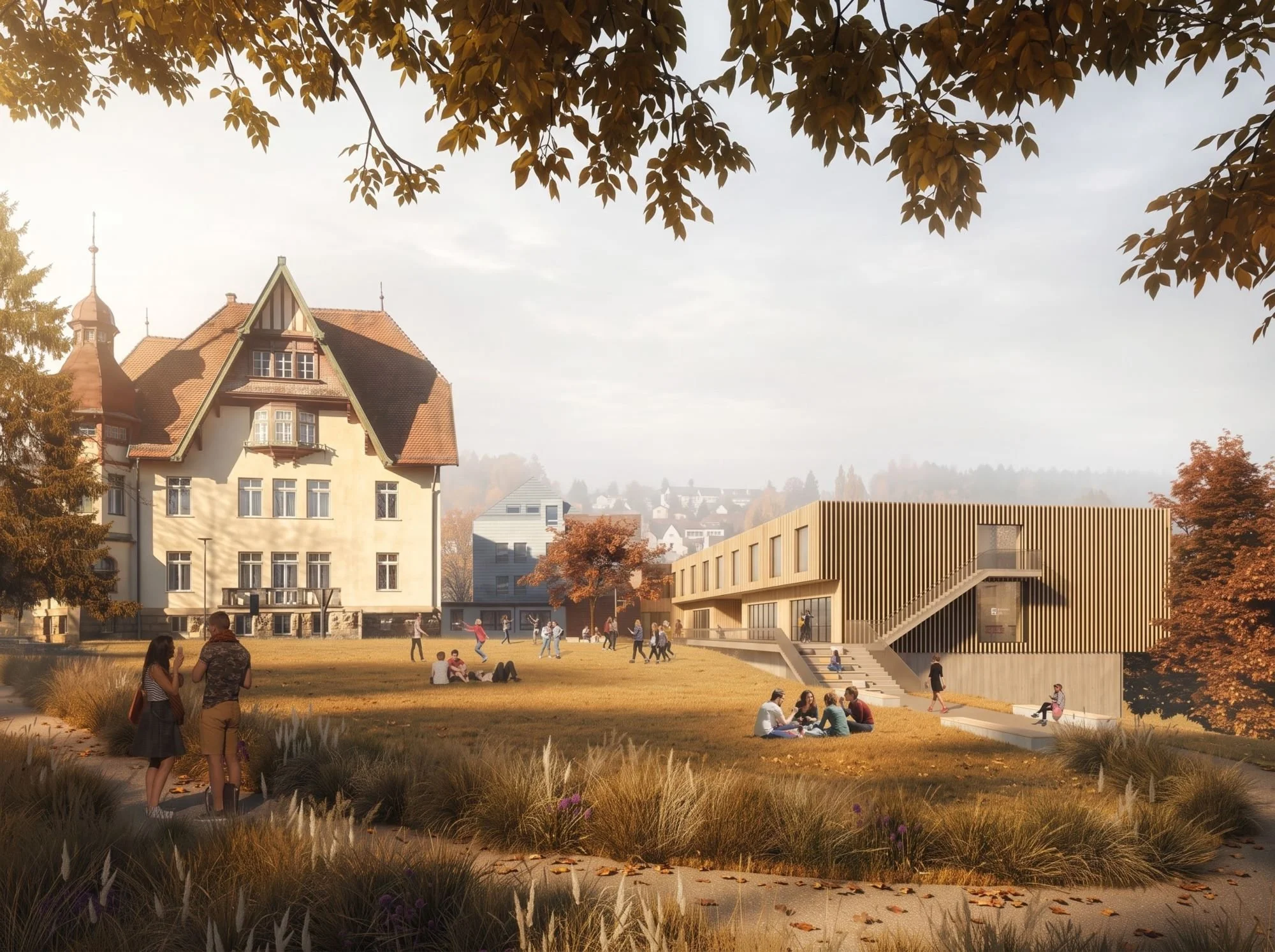 A park scene with people sitting and walking on the grass, trees with autumn leaves, a historic-style house, and a modern building with wooden vertical slats, all under cloudy sky.