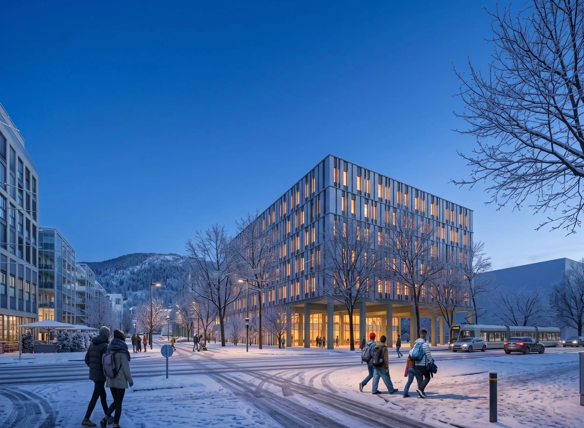 People walking on snowy streets outside modern office buildings during evening with illuminated windows and leafless trees.