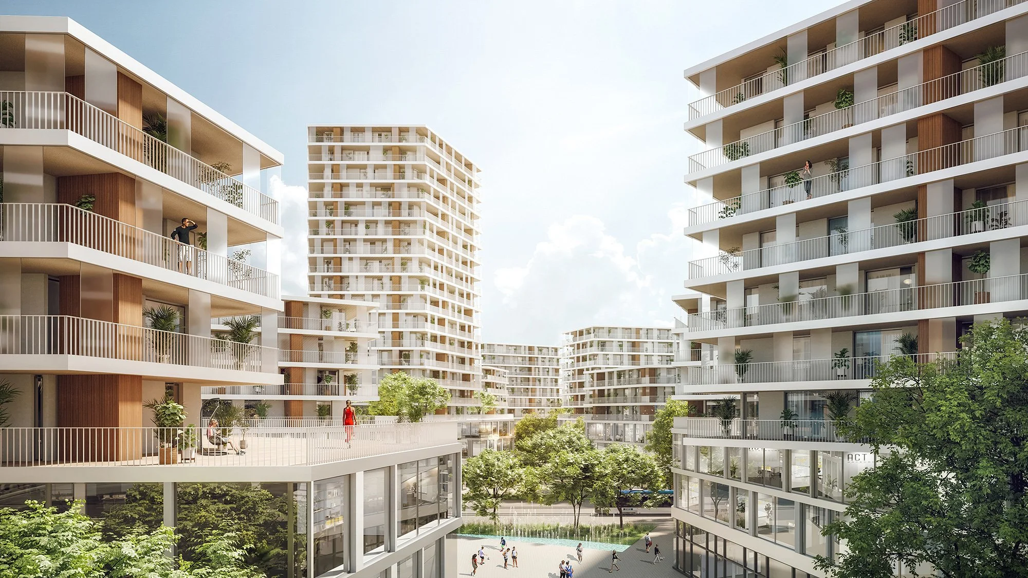 Modern residential complex with tall white buildings, balconies, green plants, and a courtyard with trees and a basketball court where children are playing.