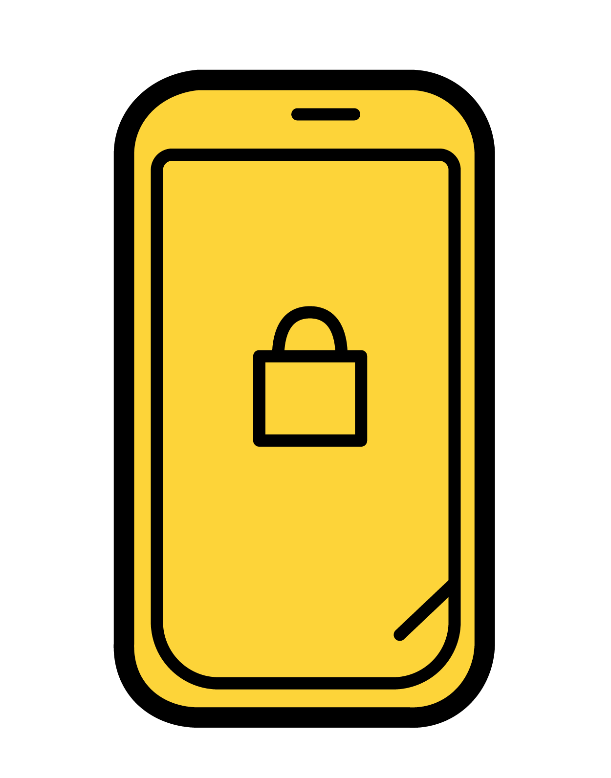 En svart och gul ikon av en telefon med ett hänglås.