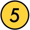 Svart femma i en gul cirkel med svart ram.