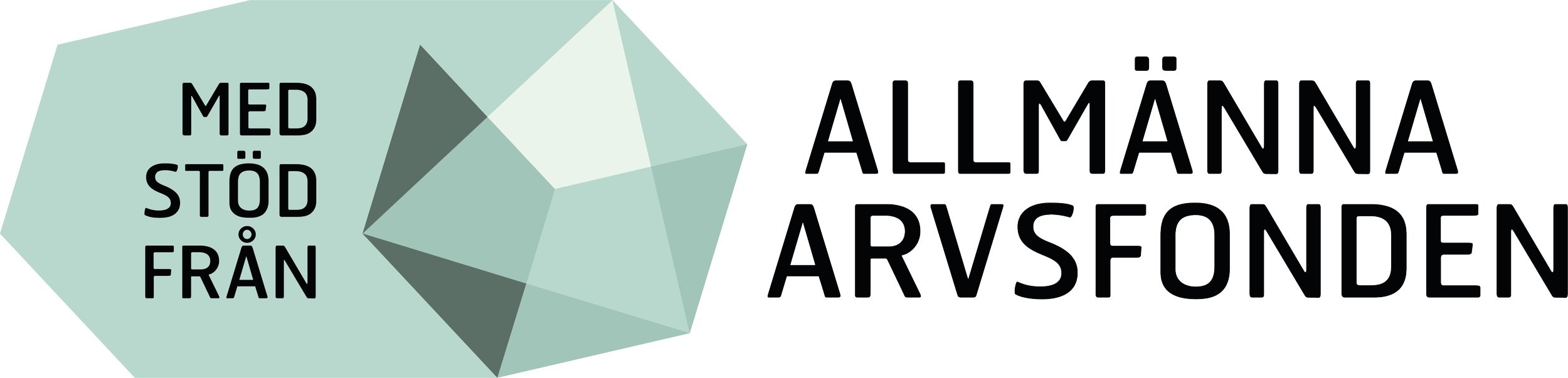 Logotyp för Allmänna Arvsfonden bestående av en ljusblå symbol med inslag av trianglar i olika blåa nyanser och texten “Med stöd från Allmänna Arvsfonden”.
