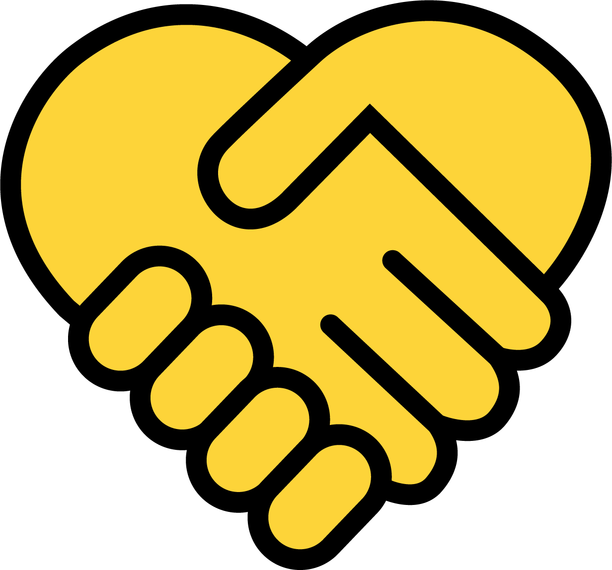 En svart och gul ikon av av två händer som formar ett hjärta.