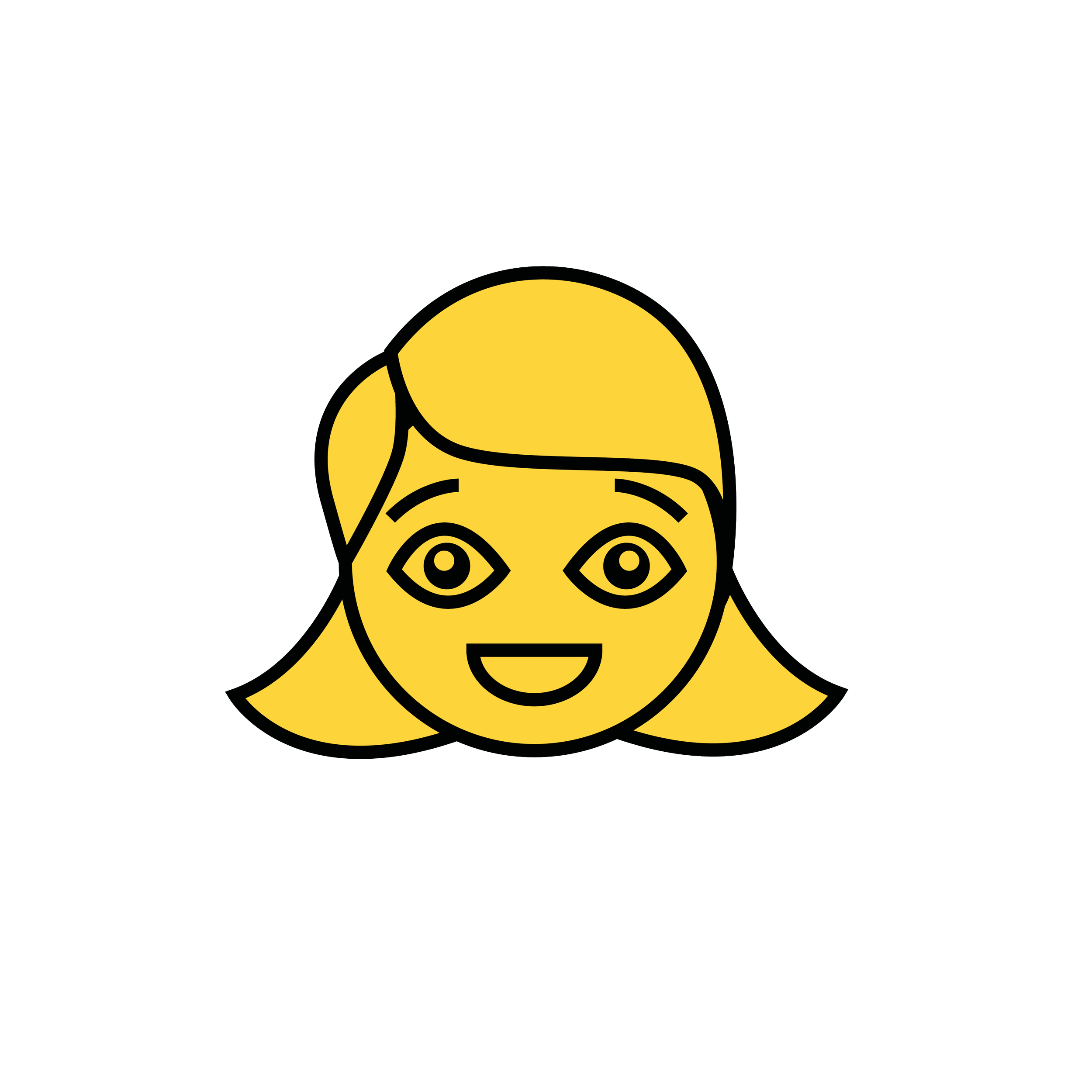 En svart och gul ikon av en flicka som ler stort..