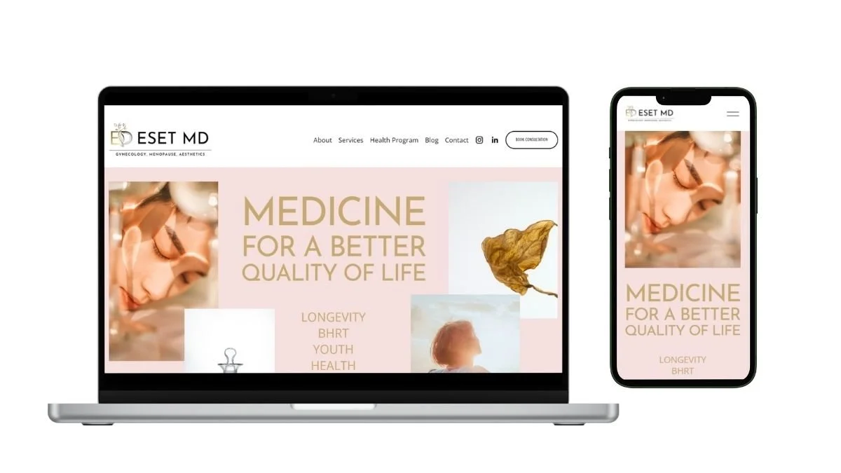 A computer and smartphone displaying a health clinic's website with the heading 'Medicine for a Better Quality of Life,' featuring images of a woman and nature, and a list of health focus areas.