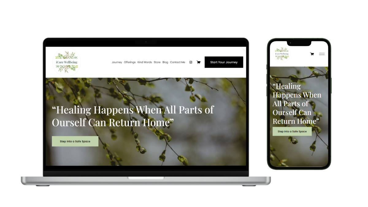 A laptop and smartphone displaying a wellness website with a nature-themed background of tree branches and buds, featuring the quote "Healing Happens When All Parts of Ourselves Can Return Home."