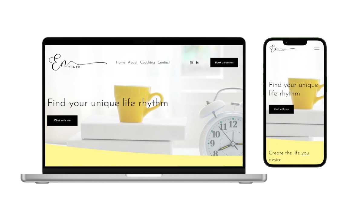 A website shown on a laptop and a smartphone screen. The website features a yellow coffee mug, a white alarm clock, and text reading "Find your unique life rhythm" and "Create the life you desire."