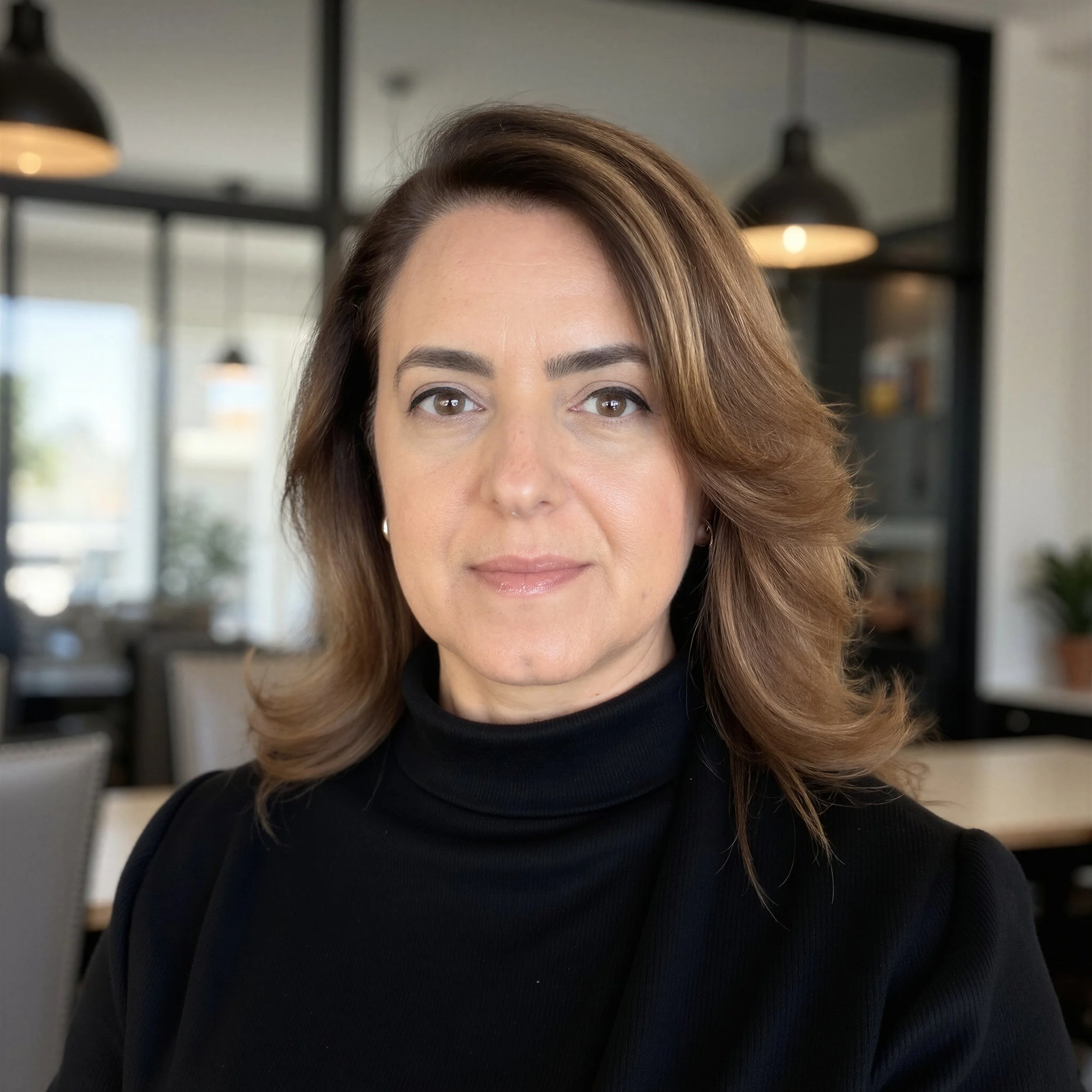 A woman with light brown hair styled with soft waves, wearing a black turtleneck and small earrings, sitting in a modern office or cafe with black-framed glass partitions and warm lighting in the background.