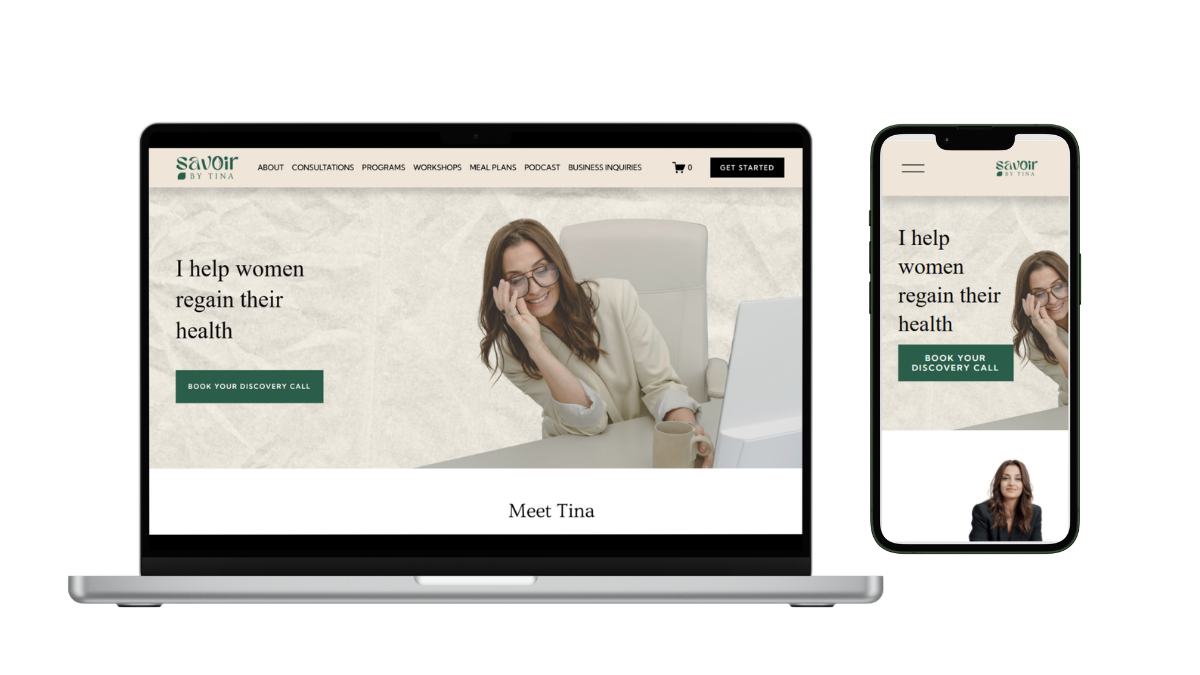 Responsive website displayed on a laptop and smartphone screen showing a woman talking on the phone, with text "I help women regain their health" and a button labeled "Book Your Discovery Call."