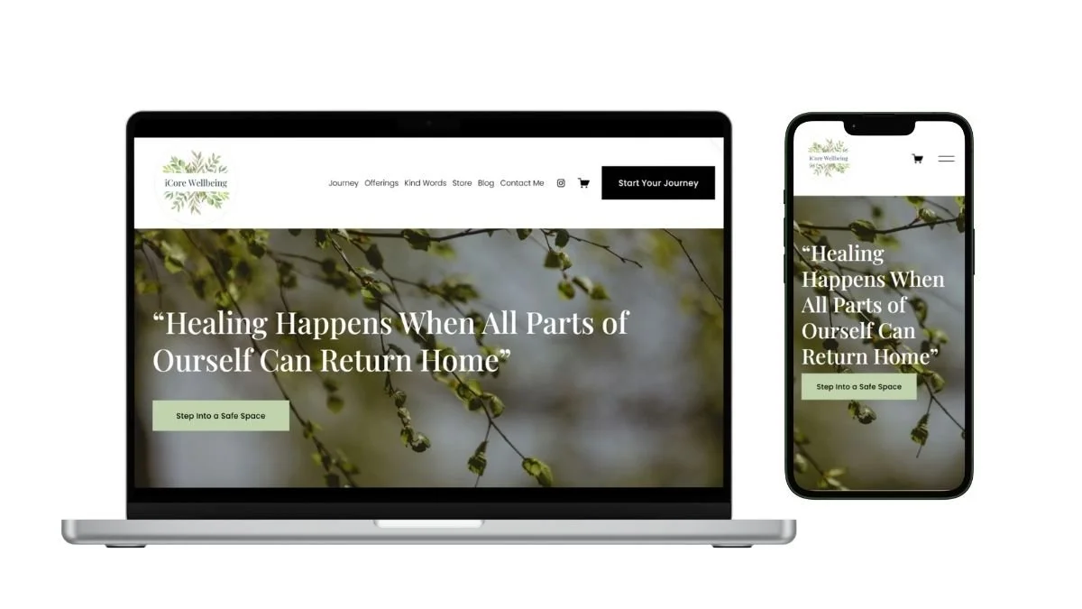 A laptop and smartphone displaying a wellness website with a nature-themed background of tree branches and buds, featuring the quote "Healing Happens When All Parts of Ourselves Can Return Home."