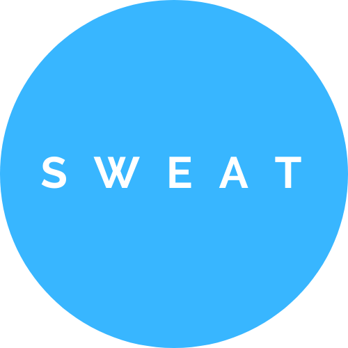 Blue circular logo with the word "SWEAT" in white capital letters.