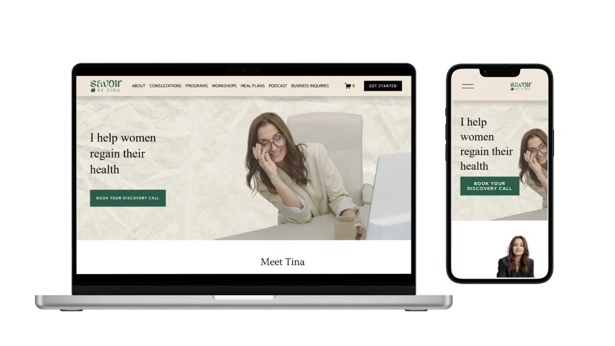 Responsive website displayed on a laptop and smartphone screen showing a woman talking on the phone, with text "I help women regain their health" and a button labeled "Book Your Discovery Call."