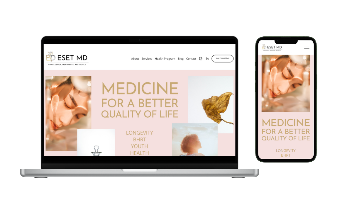 A computer and smartphone displaying a health clinic's website with the heading 'Medicine for a Better Quality of Life,' featuring images of a woman and nature, and a list of health focus areas.