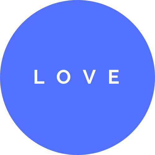 Blue circle with the word 'LOVE' in white capital letters at the center.