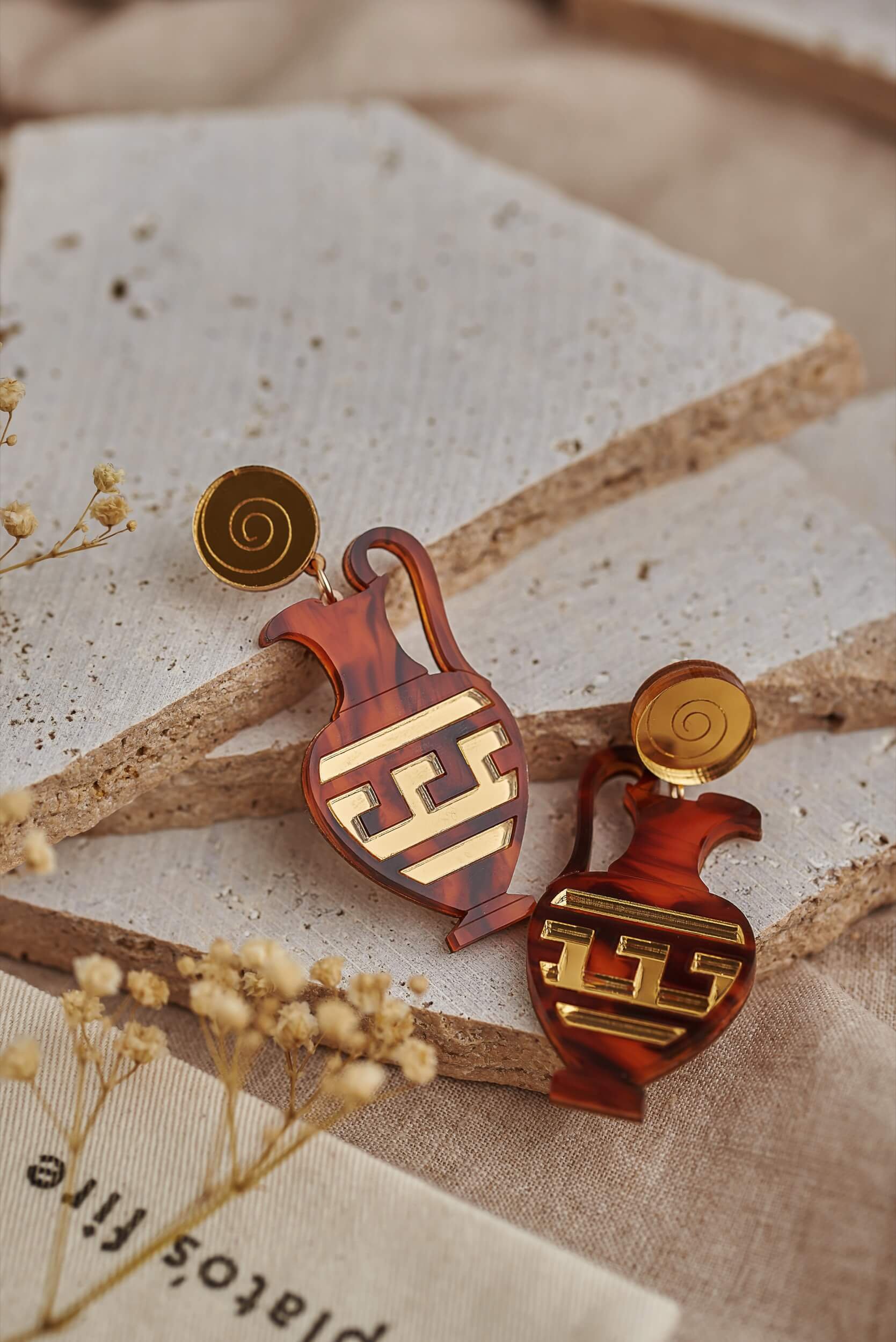 oinochoe statement earrings in gold mirror and tortoiseshell marble acrylic handmade in scotland by plato's fire