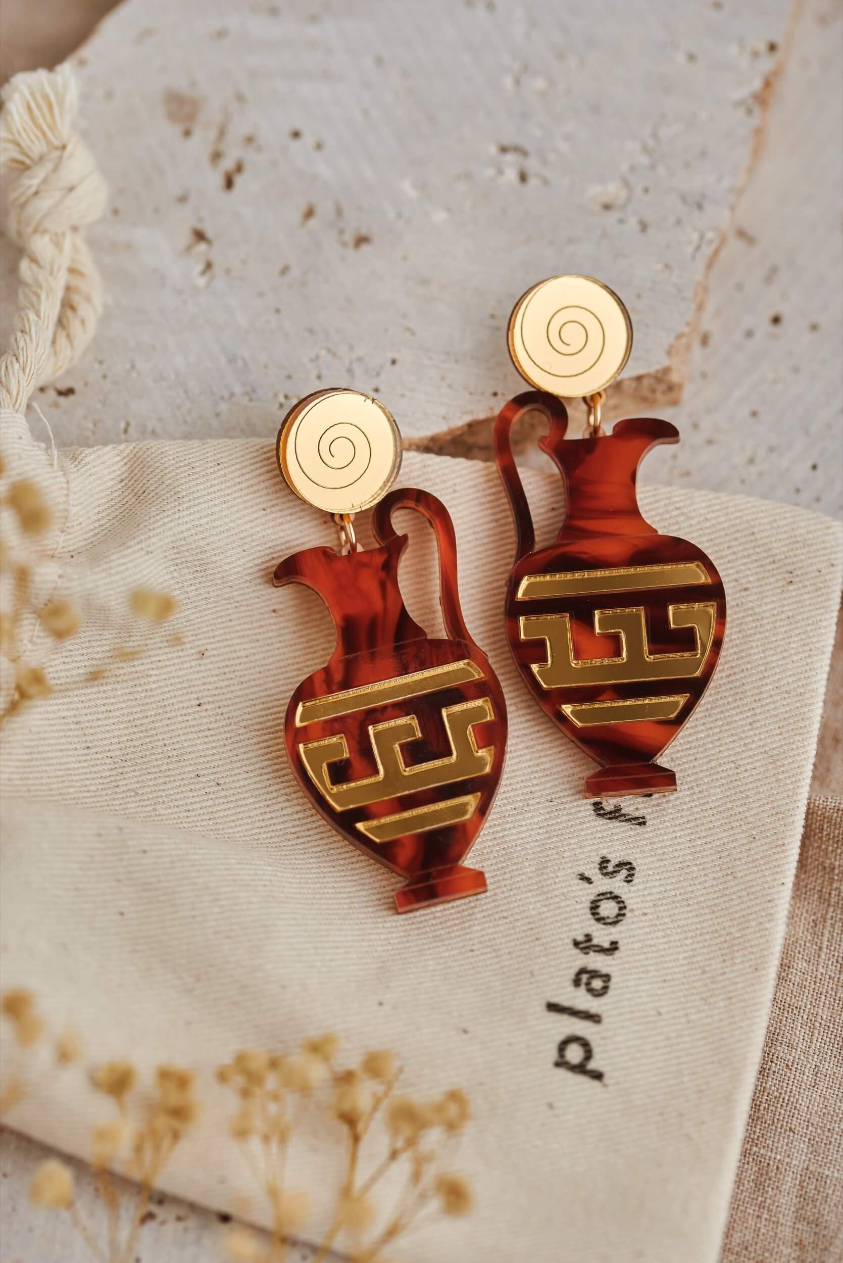 oinochoe statement earrings in gold mirror and tortoiseshell marble acrylic handmade in scotland by plato's fire