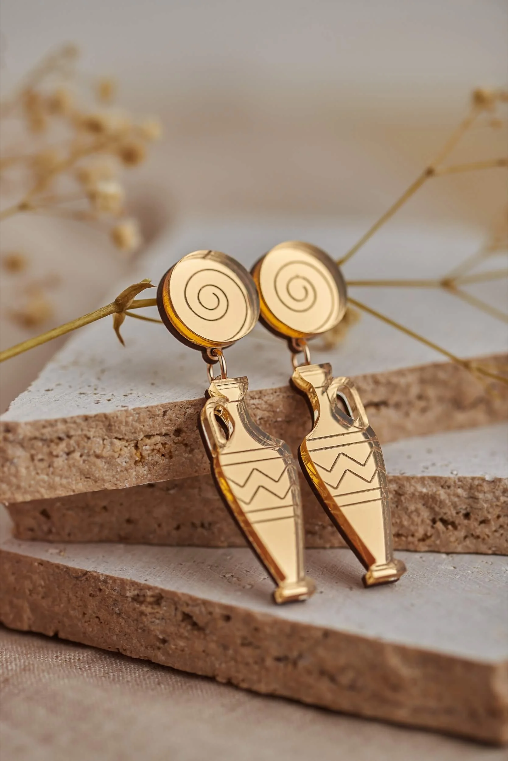 lekythos statement earrings in gold mirror acrylic handmade in scotland by plato's fire