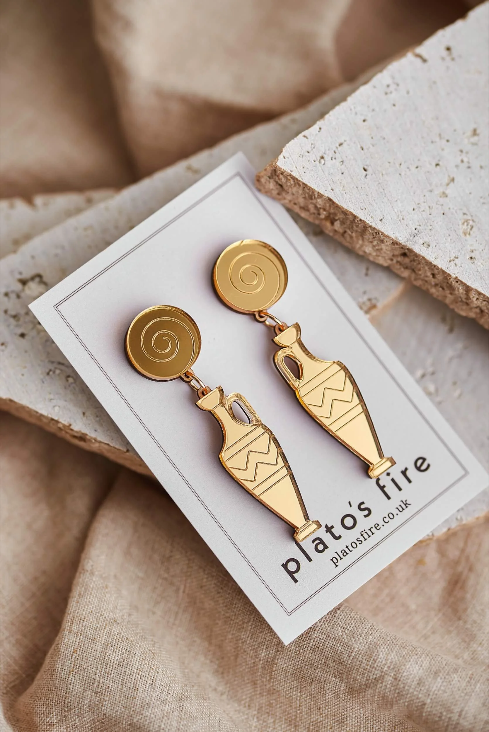 lekythos statement earrings in gold mirror acrylic handmade in scotland by plato's fire