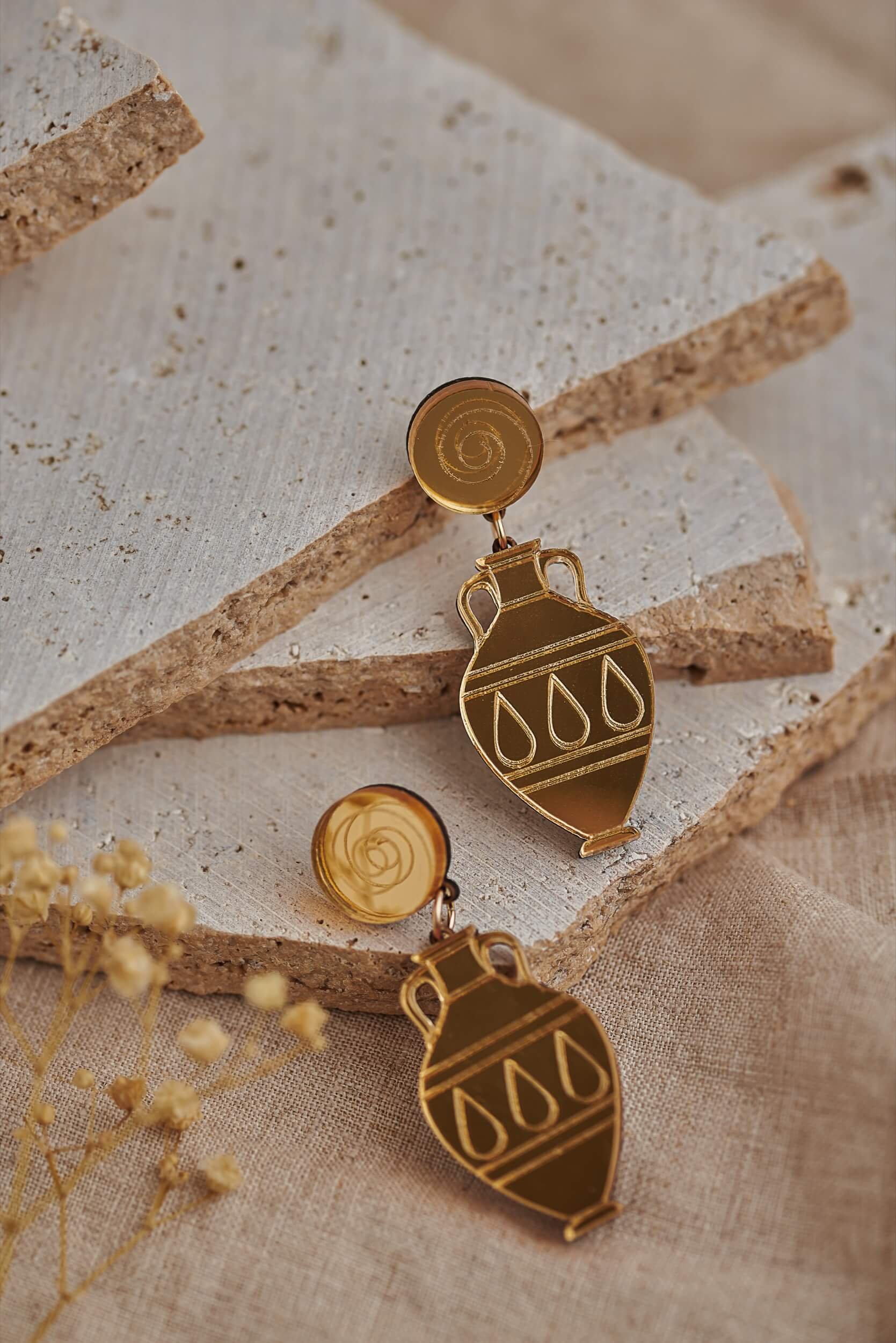 amphora statement earrings in gold mirror acrylic handmade in scotland by plato's fire
