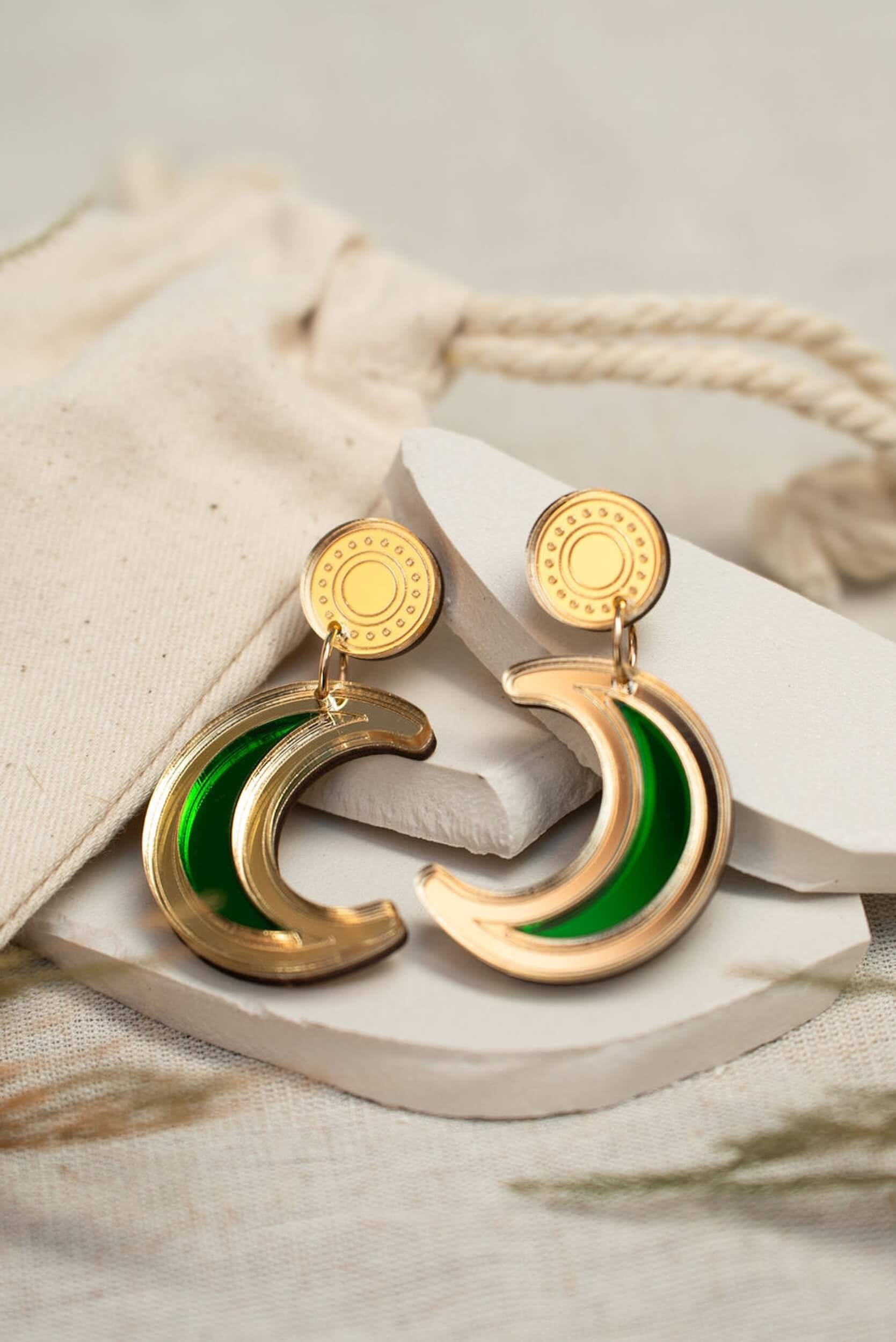 laser-cut acrylic crescent moon drop stud earrings in mirror gold and emerald green