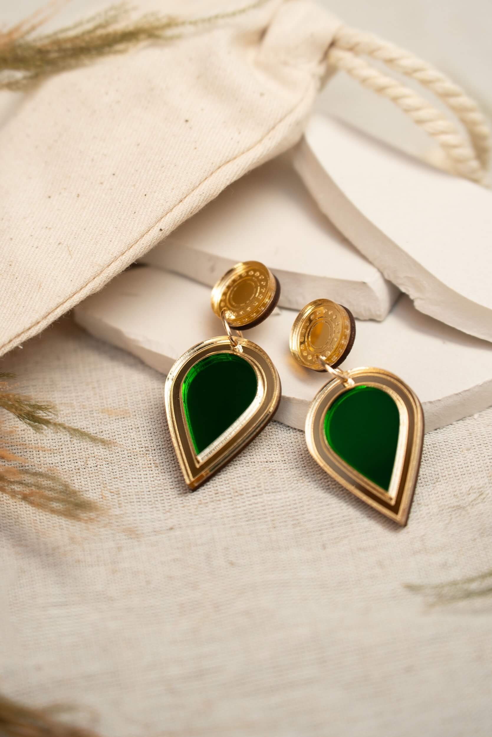 laser-cut acrylic teardrop drop stud earrings in mirror gold and emerald green