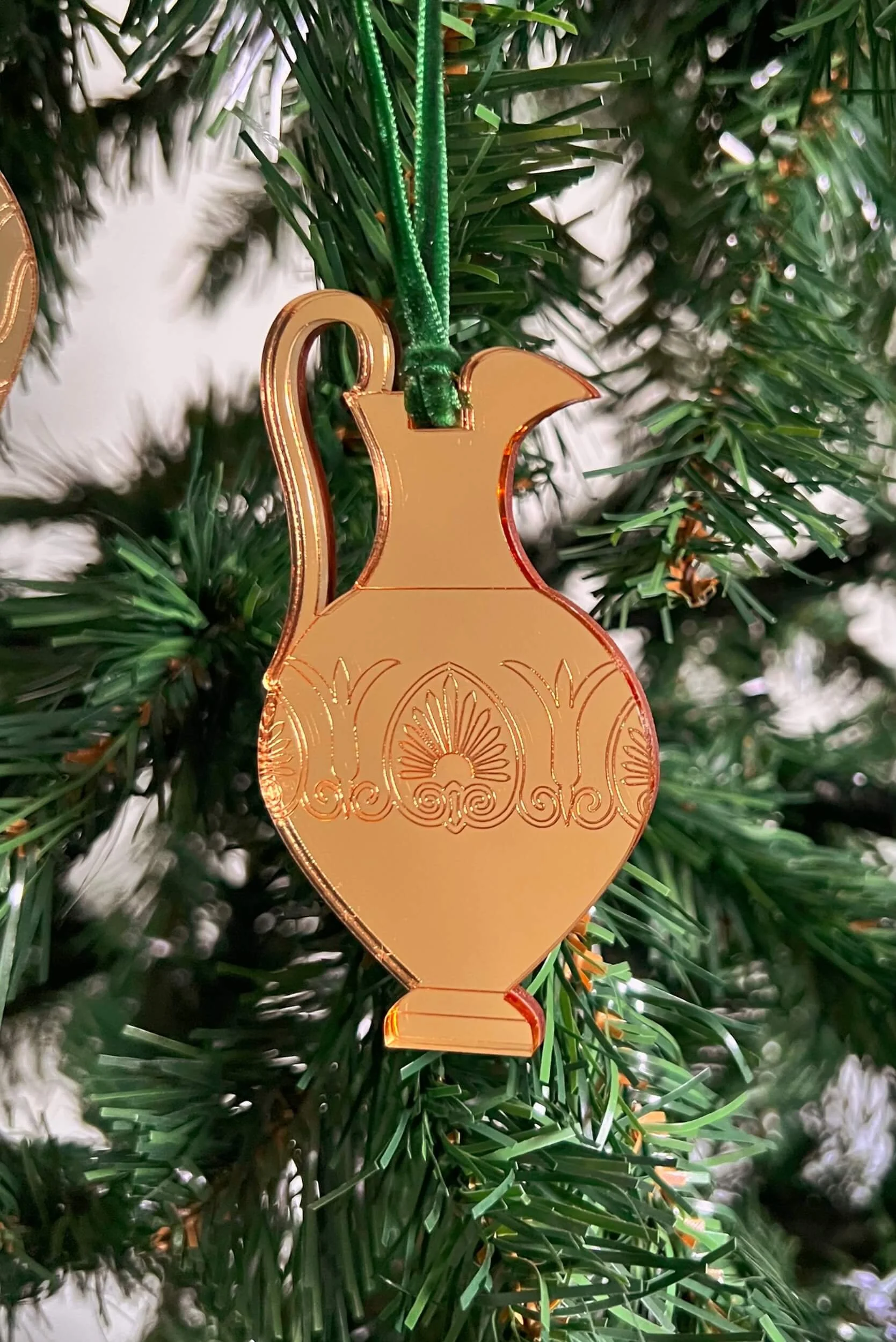 ancient greek oinochoe vase christmas tree ornament in gold mirror acrylic hanging from a christmas tree