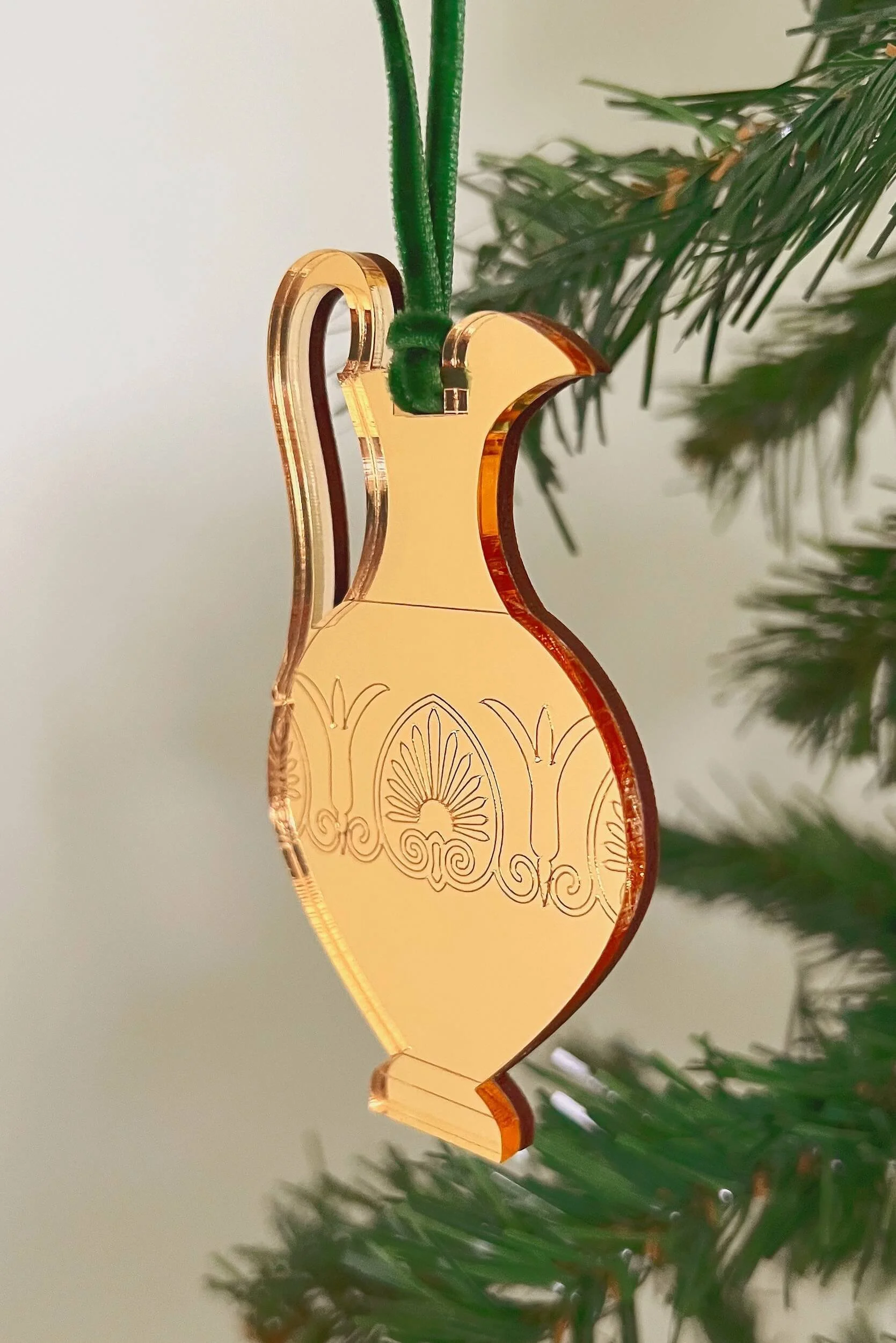 ancient greek oinochoe vase christmas tree ornament in gold mirror acrylic hanging from a christmas tree