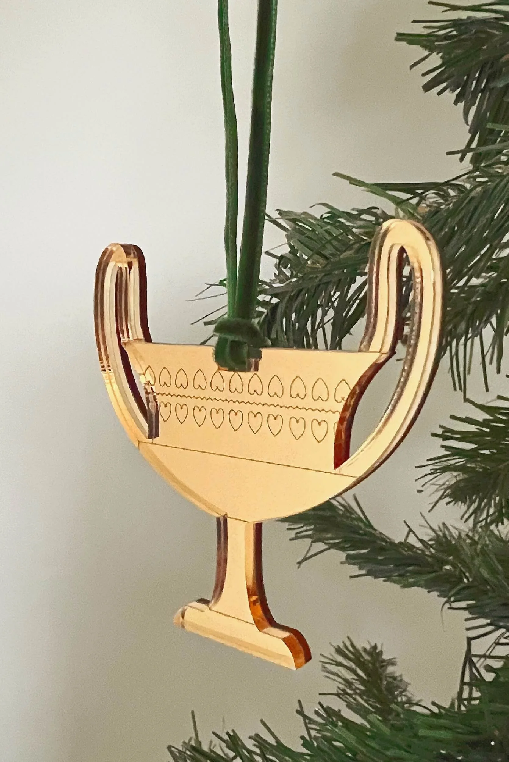ancient greek kantharos vase christmas tree ornament in gold mirror acrylic hanging from a christmas tree