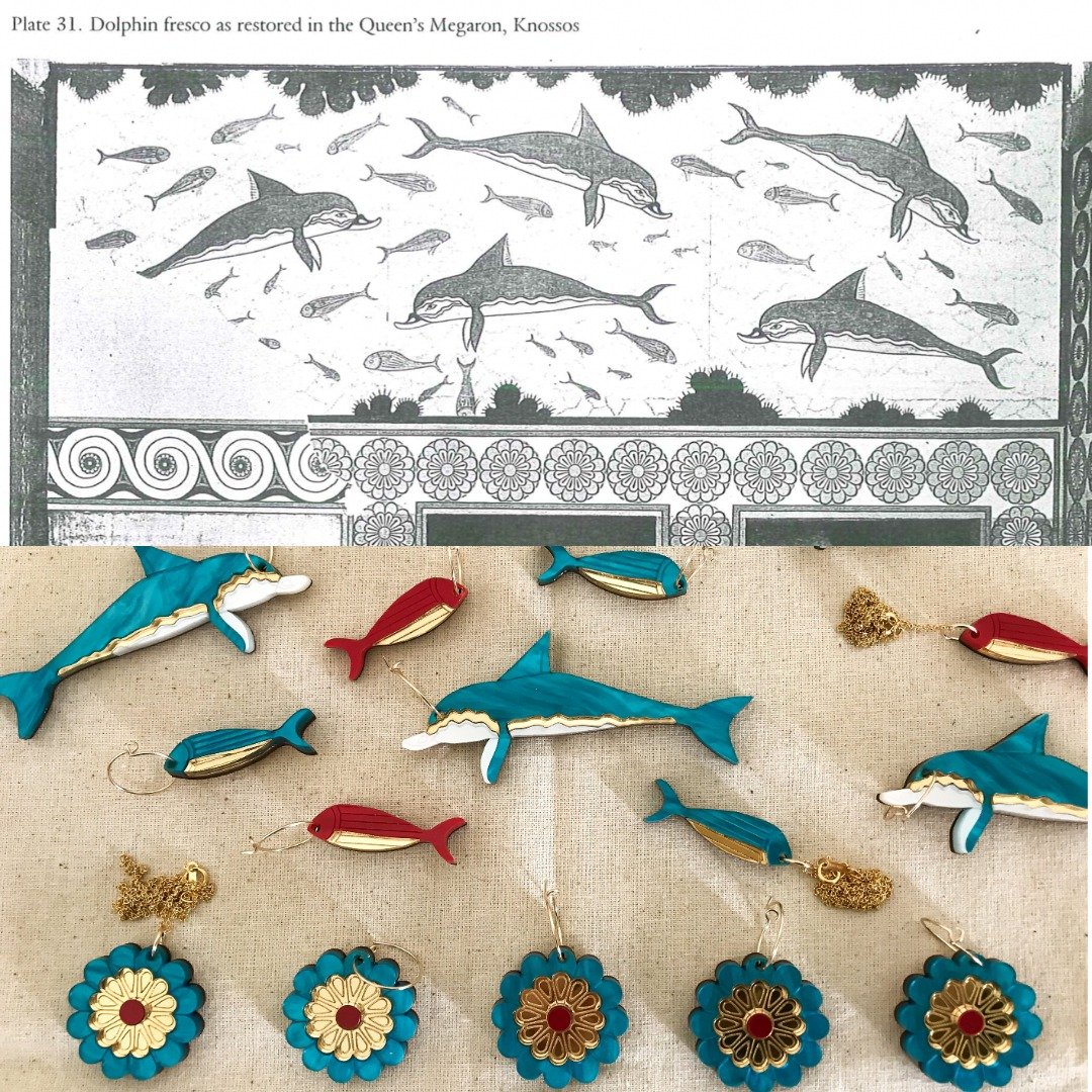 👆 the inspiration 
👇 the jewellery 

i had so much fun designing my minoan marine collection back in 2022 (!), partly inspired by the dolphin fresco from knossos! 

i'd love to do something like this again. maybe it's time for the pompeii frescoes 