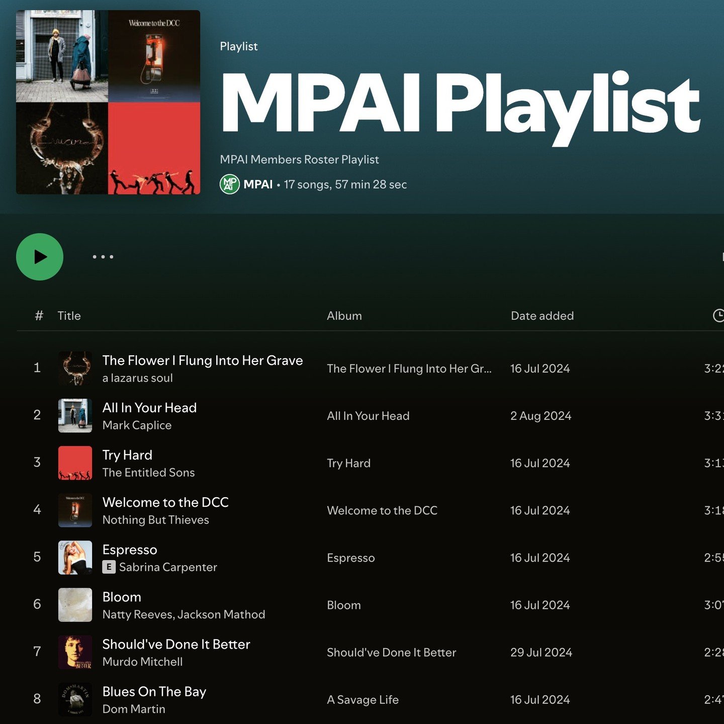 Become an MPAI Member and get your roster of songwriters onto our 'Members Roster Playlist'. Listen here 👇
https://open.spotify.com/playlist/4koJPDIxwmSFxSZ48Tk2kR
If you have any questions please get in touch with us at info@mpaireland.ie

#mpai #m