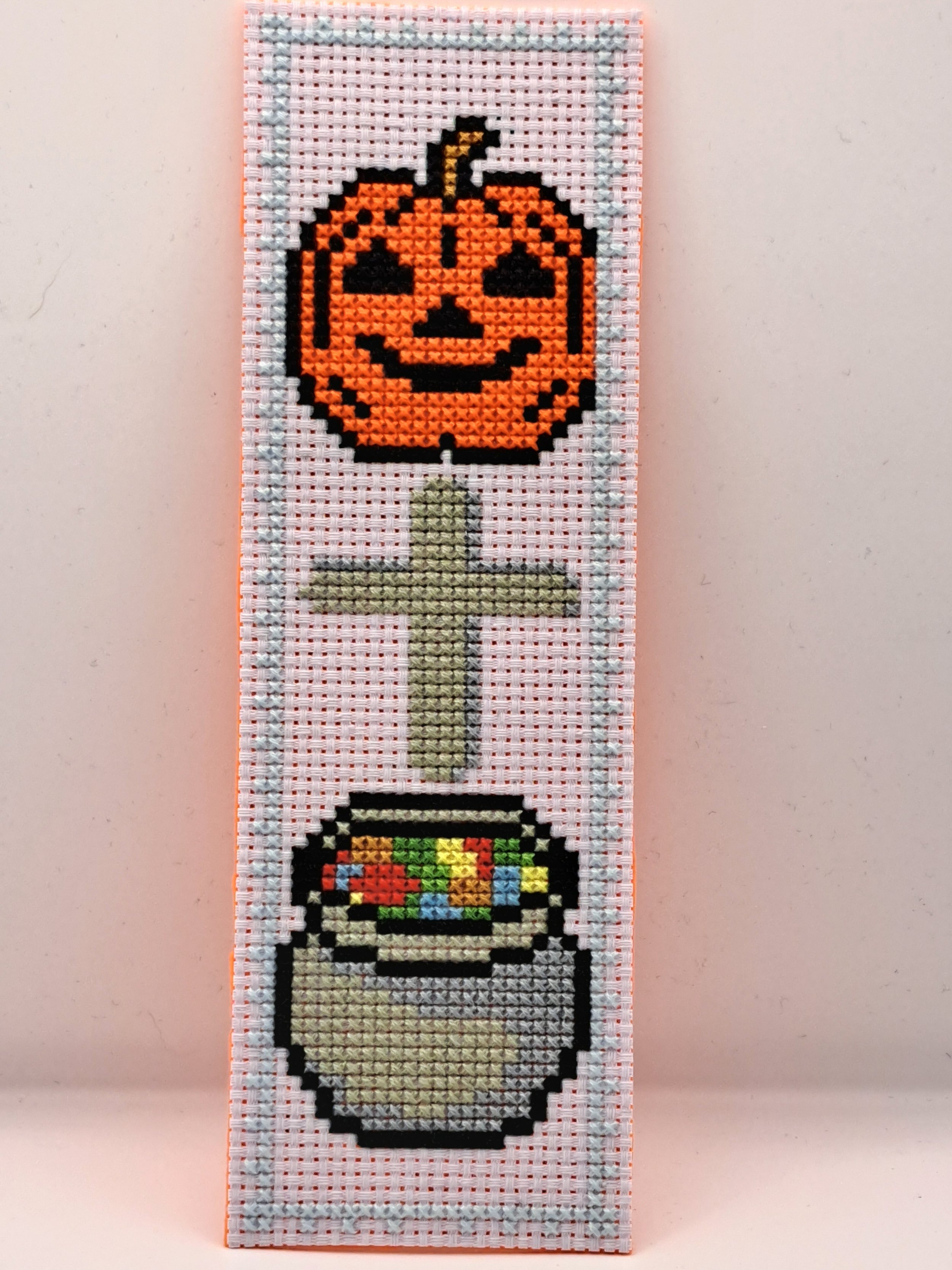 Halloween Cross-Stitch Bookmark - Pumpkin, Cross, and Cauldron Design