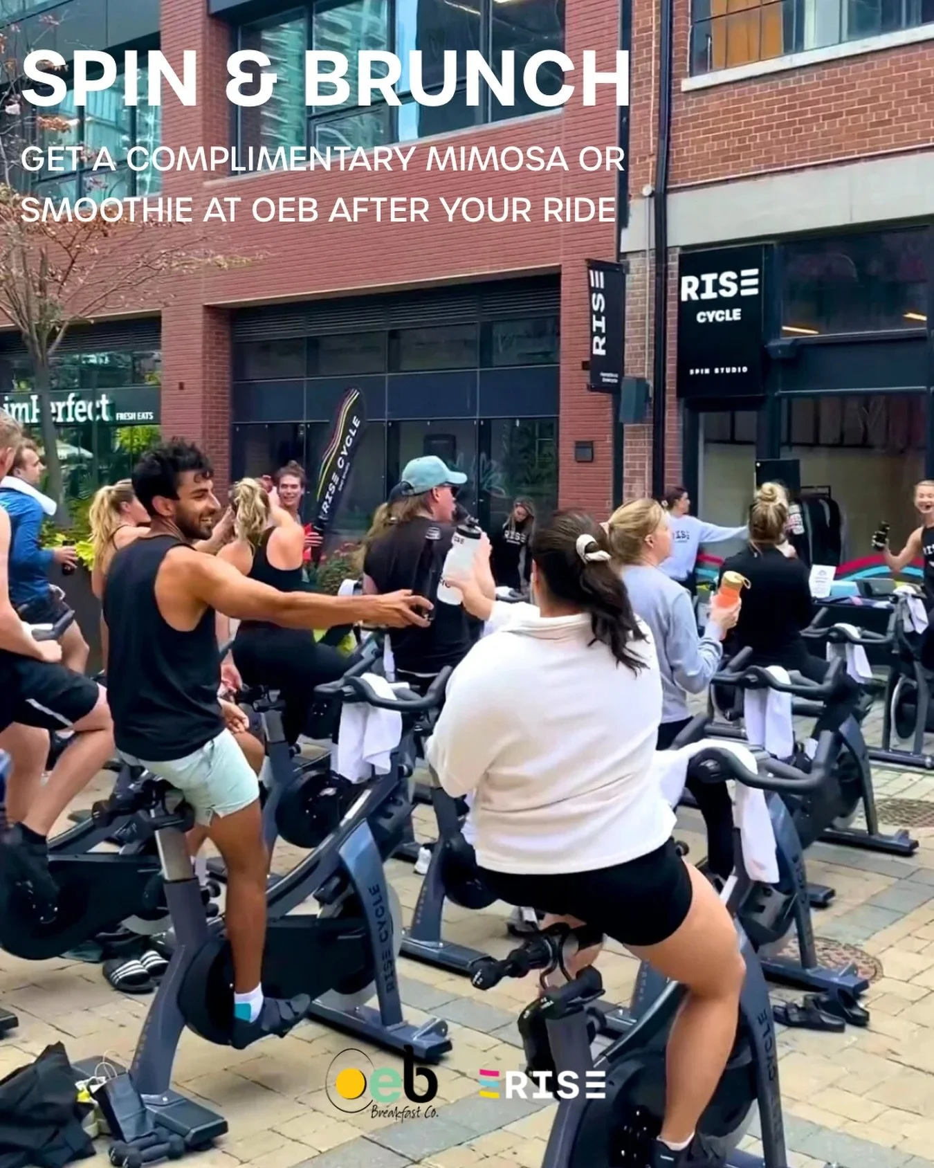 Spin first, brunch after- the perfect combo 🥞🚴&zwj;♀️
We&rsquo;ve teamed up with OEB (just around the corner) to treat you post-ride, on the first Saturday of every month!

Skip the line and grab a complimentary mimosa or smoothie with the purchase