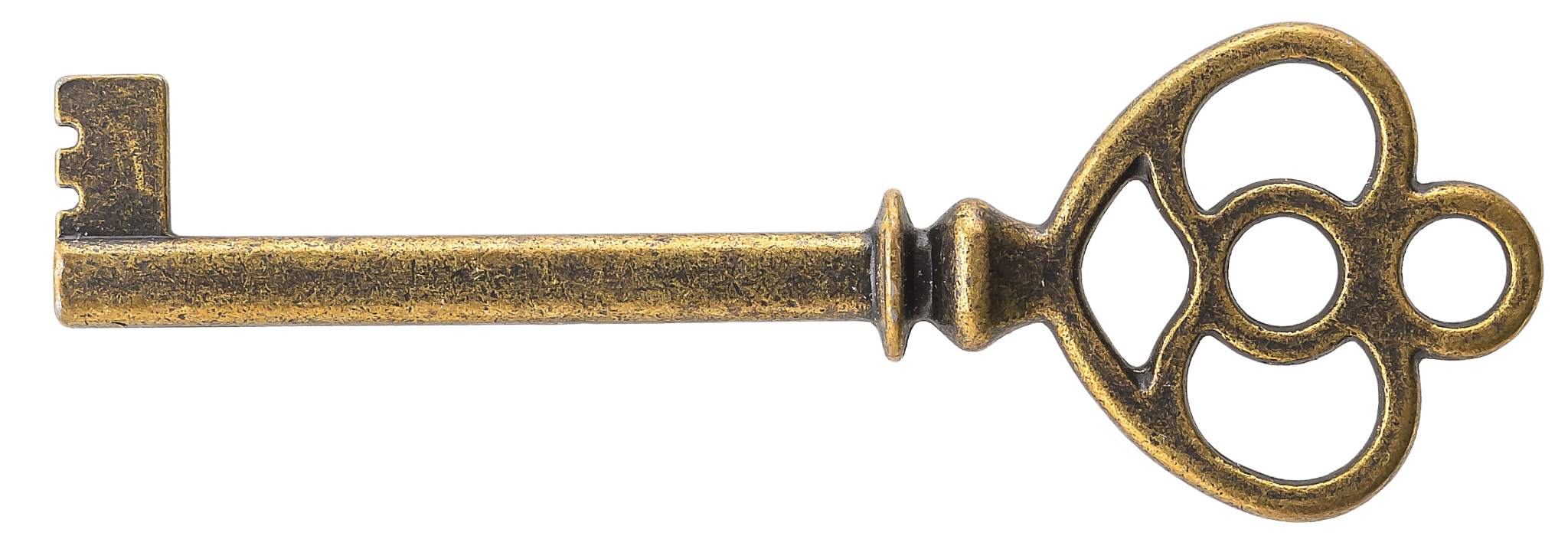 A vintage brass key with a circular, multiple-looped bow design.