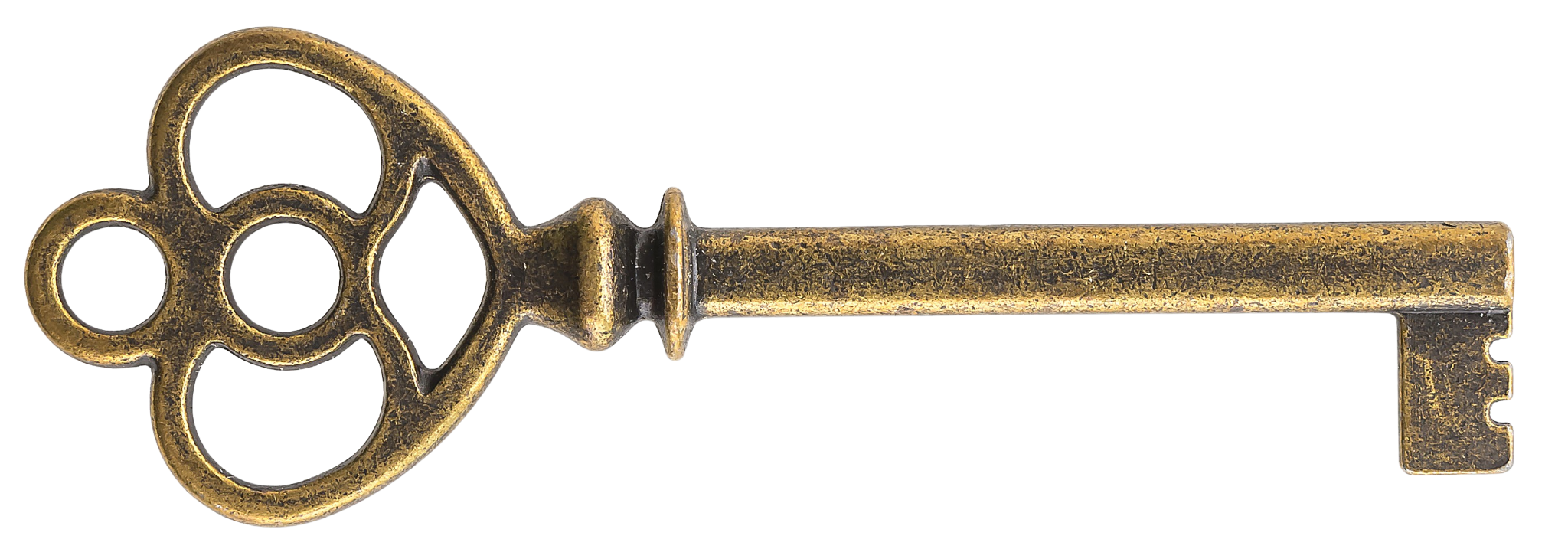 Close-up of an antique brass key with a decorative bow and a simple blade.