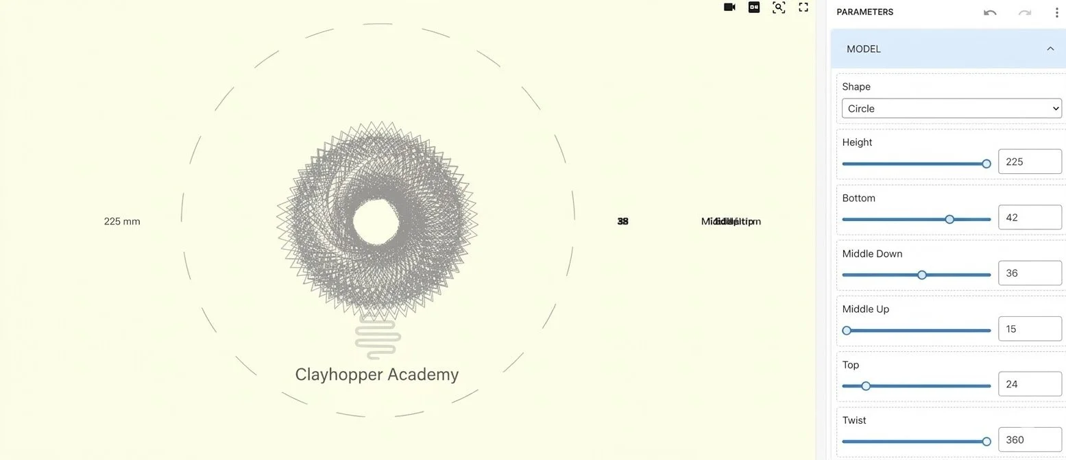 A computer screen displaying a 3D model of a geometrical design with circular patterns in gray shades, labeled 'Clayhopper Academy,' with adjustable parameters on the right side for customizing the model.