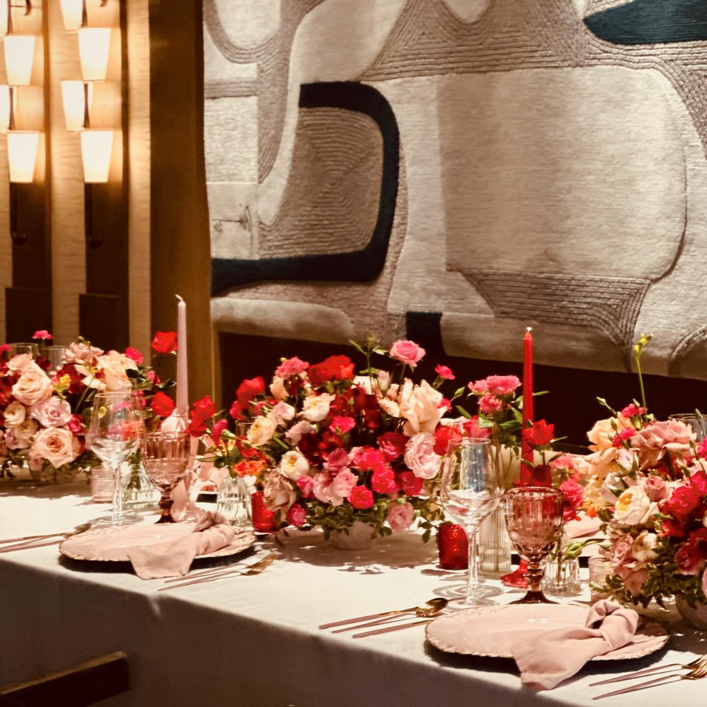 A blend of pink and red hues, a lush runner of florals and an array of delicate pink and white candles - it&rsquo;s elegant and captivating. 

Elevate your next celebration with  our sophisticated setting, whether it&rsquo;s a private gathering, wedd