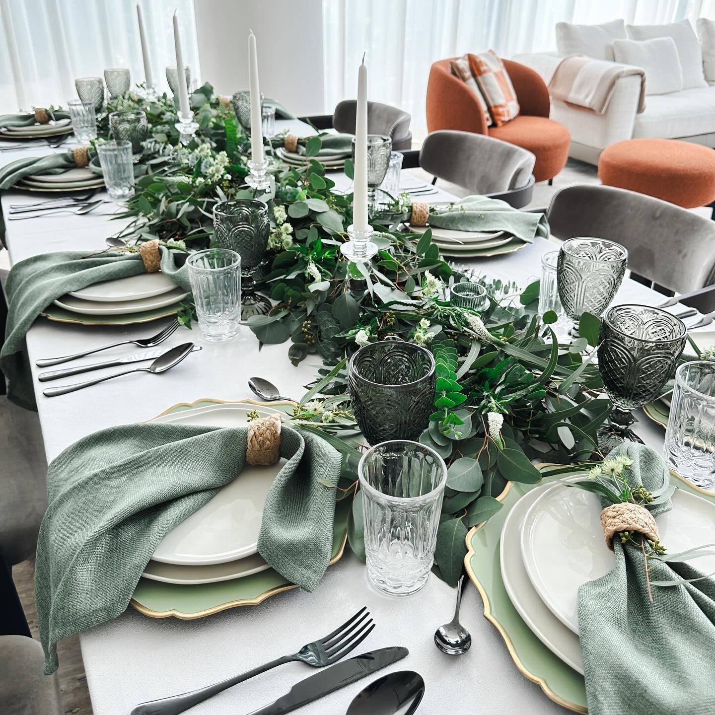 Our latest exquisite table styling, a lush eucalyptus foliage runner and striking sage green accents.

Trust us for all your table styling needs, from bridal showers to weddings and corporate event.

Let Estilo &amp; Co Events transform your event in
