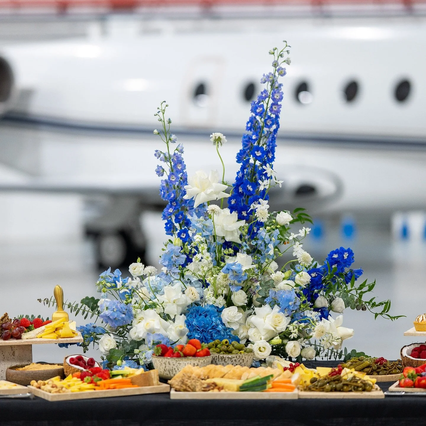 From jet-set backdrops to canap&eacute;s crafted for impact, our styling brought a clean, modern edge to this private jet hangar reception. Bold blues, crisp whites and a spread designed to keep conversations moving &mdash; effortless, polished and m