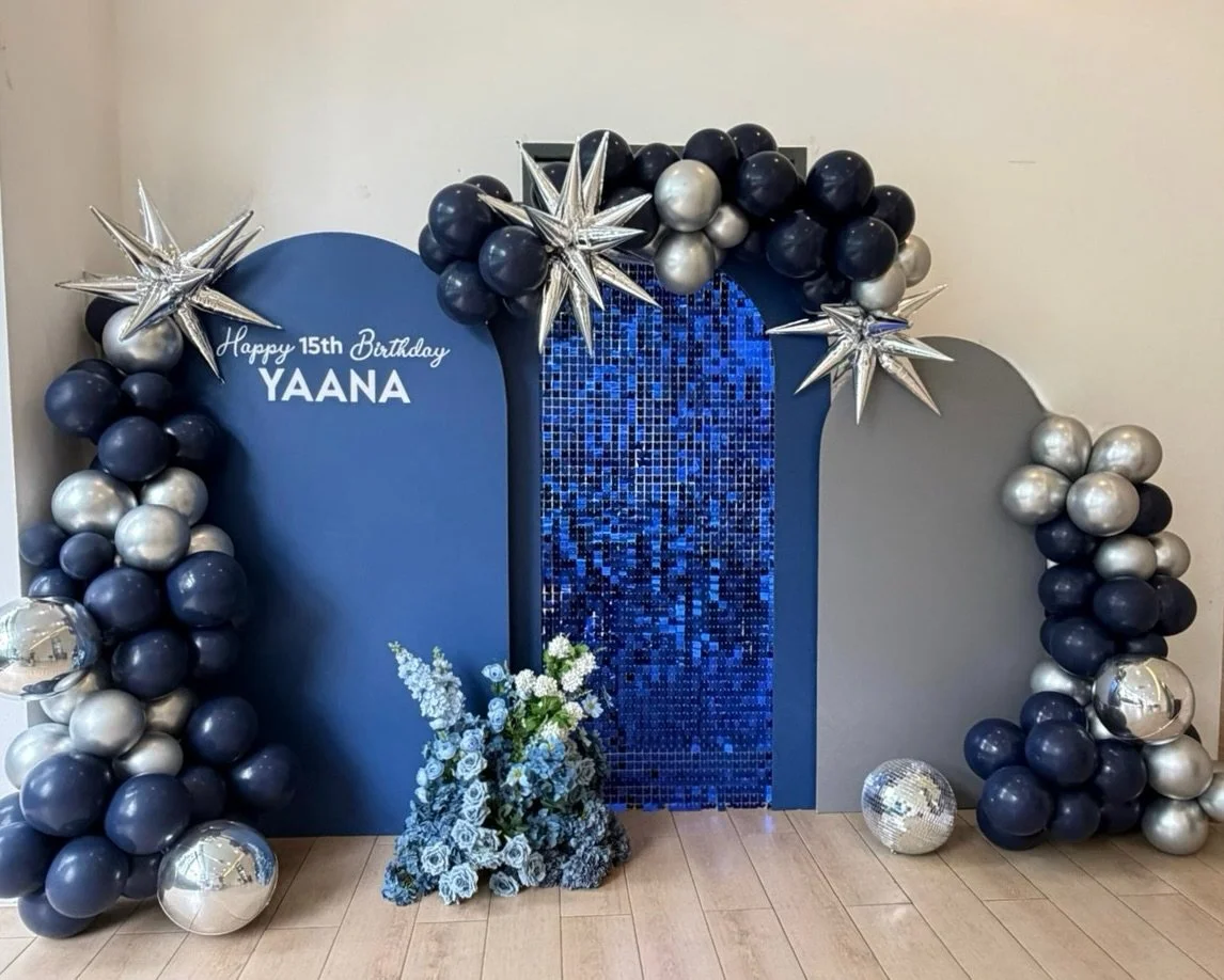 Midnight magic! A luxe palette of navy, silver and shimmer, complete with mirror balls, celestial stars and a bold floral pop &ndash; this birthday backdrop was the moment. 💙

Your events reimagined.
DM us to style your next celebration! 🎉

#signat