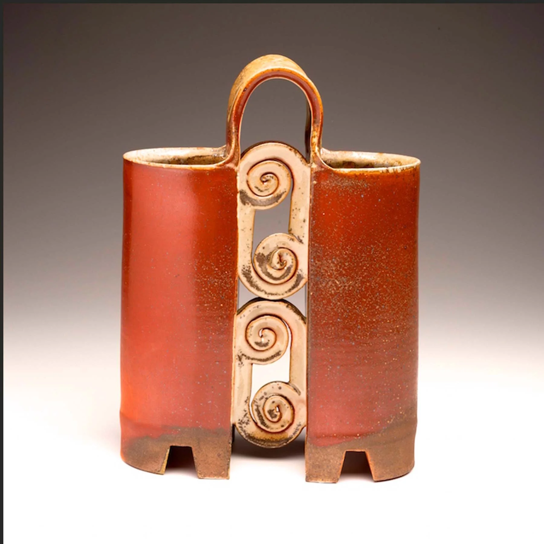 SPLIT VASE WITH SPIRALS | Wood Fired White Stoneware Clay, 12 inches high by 9 inches long by 4 ½ inches wide