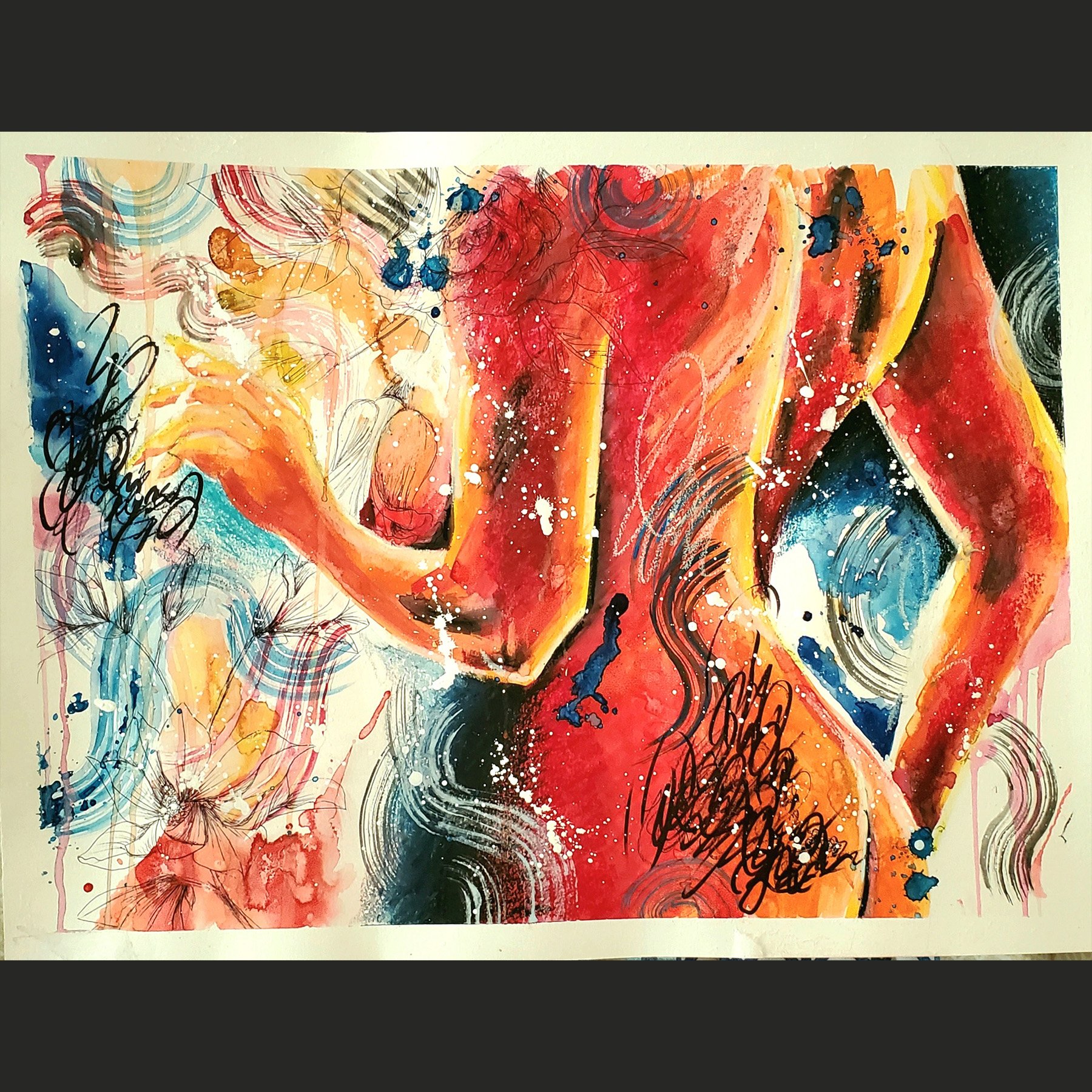 HER'S TRULY |
Mixed media on watercolor paper (acrylic, pastel, watercolor, pen).
This piece is 18" h x 24" w, and has been framed.
Framed Dimensions: 18" h x 24" w.